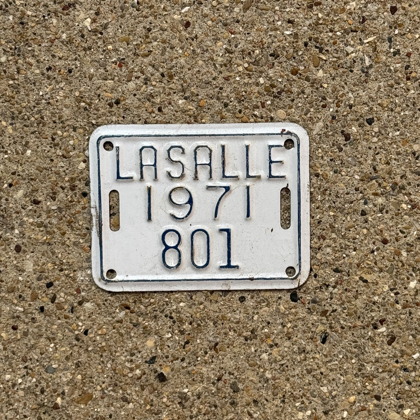 Photo of a 1971 Illinois Bicycle Auto Tag Garage Decor Vintage LaSalle 801