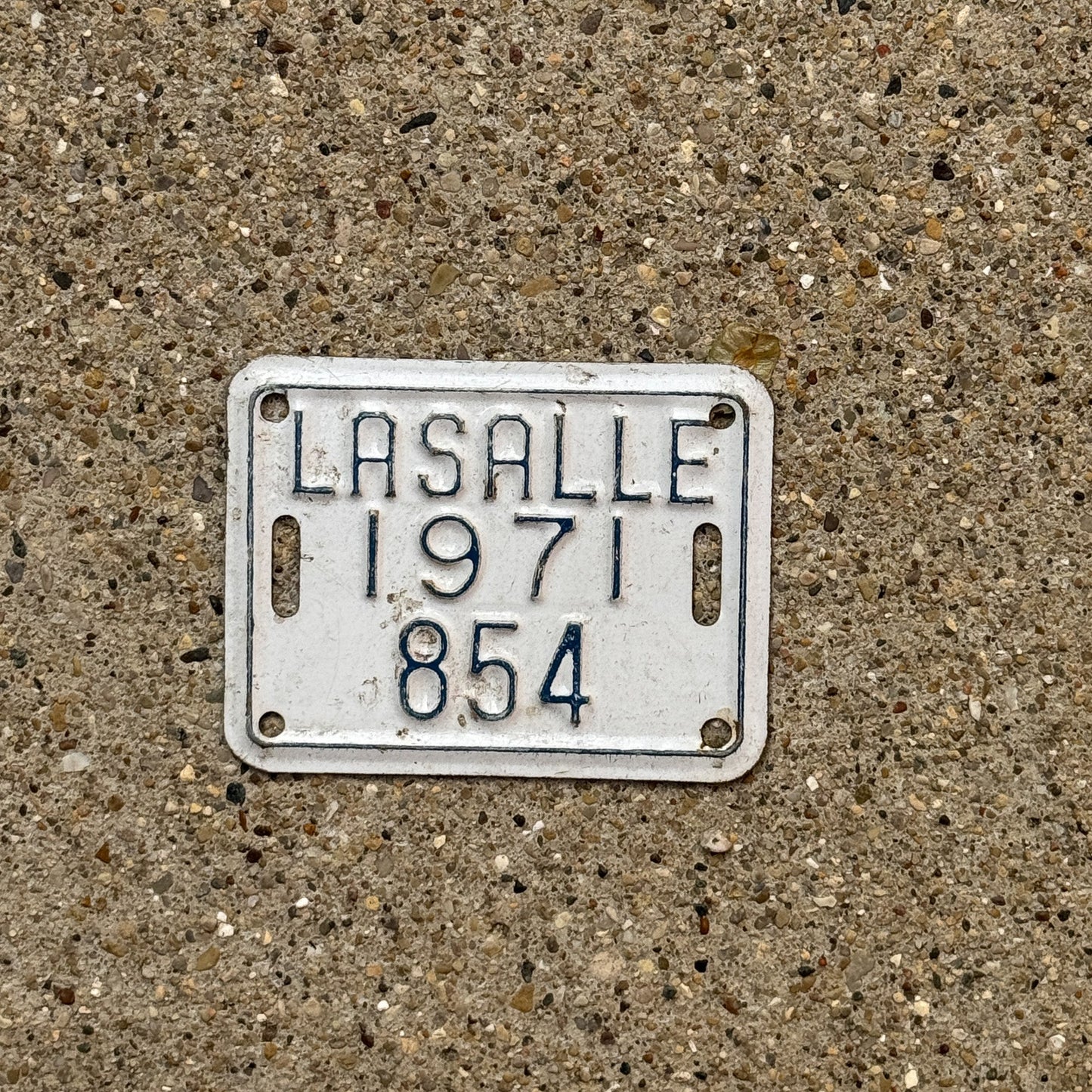 Photo of a 1971 Illinois Bicycle Auto Tag Garage Decor Vintage LaSalle 854