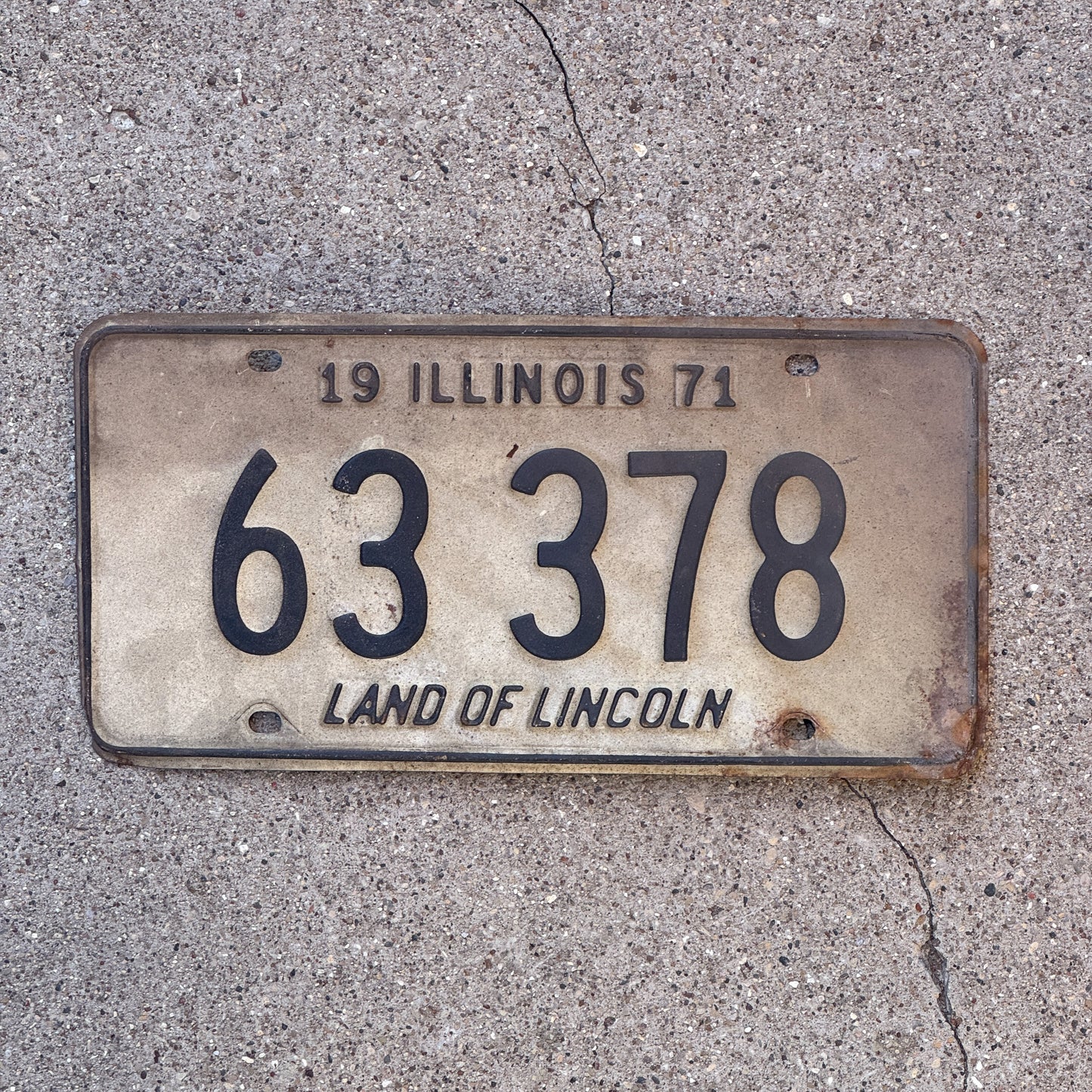 Photo of a 1971 Illinois License Plate Auto Tag 2 Vintage Garage 63 378 with original patina