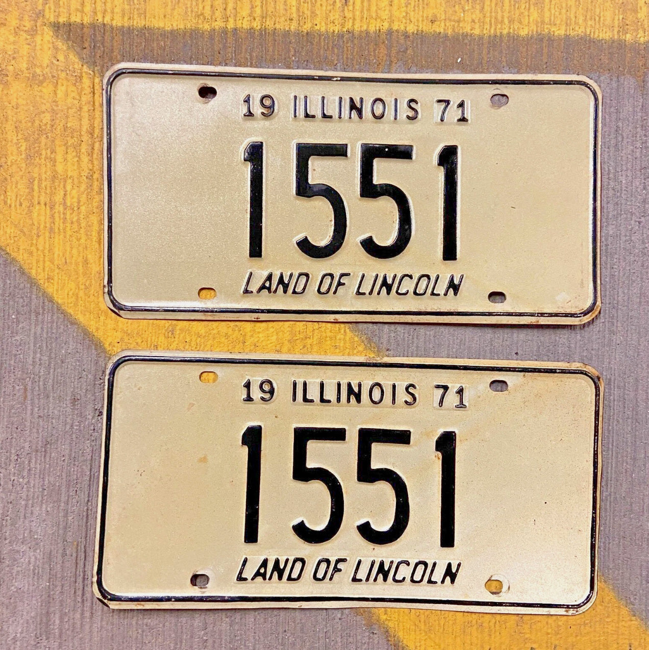 Photo of a 1971 Illinois License Plate Pair Auto Tag Garage Decor Vintage Low Number Four Digit 1551 with original patina