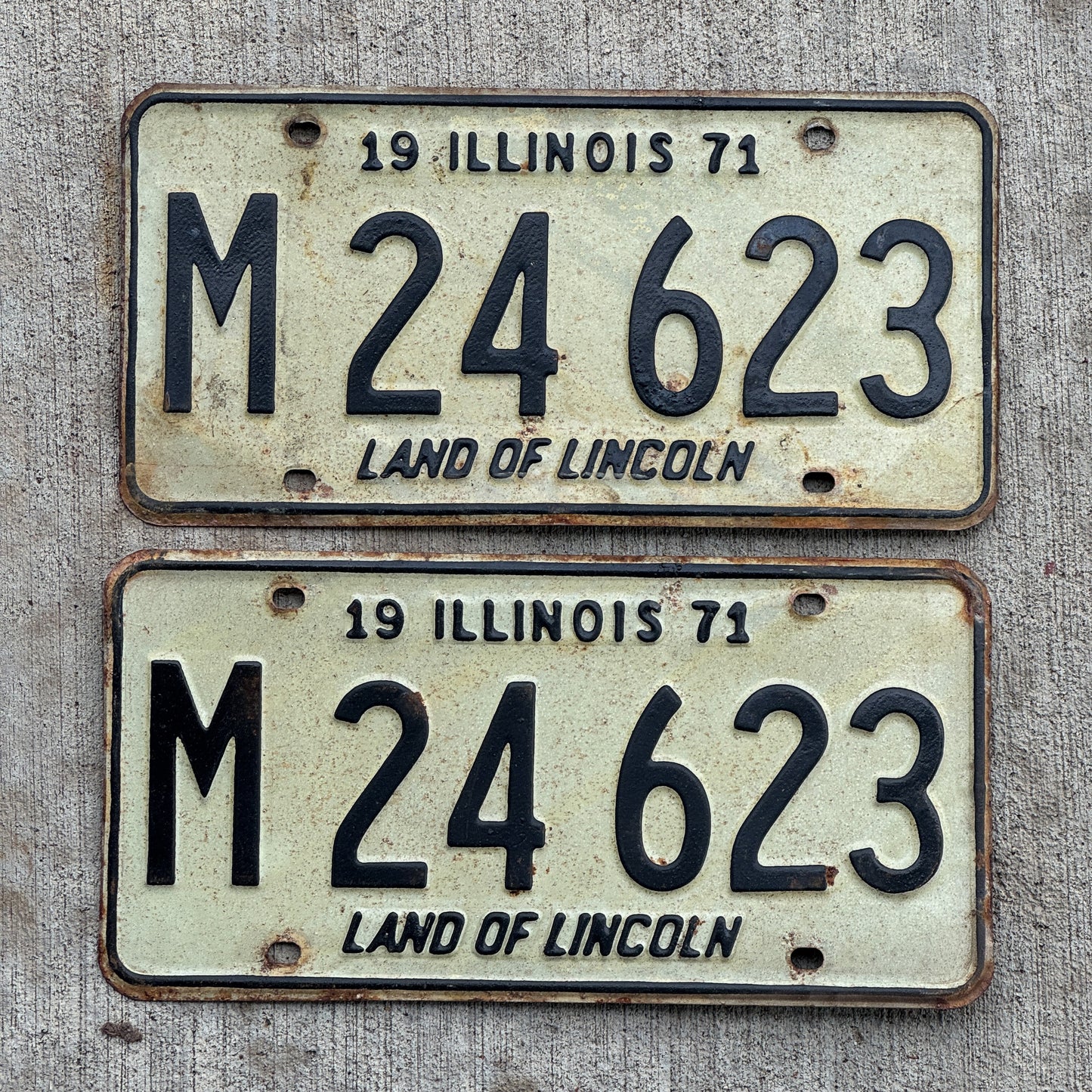 Photo of a 1971 Illinois Municipal License Plate Pair Auto Tag Garage Decor Vintage M 24 623 with original patina