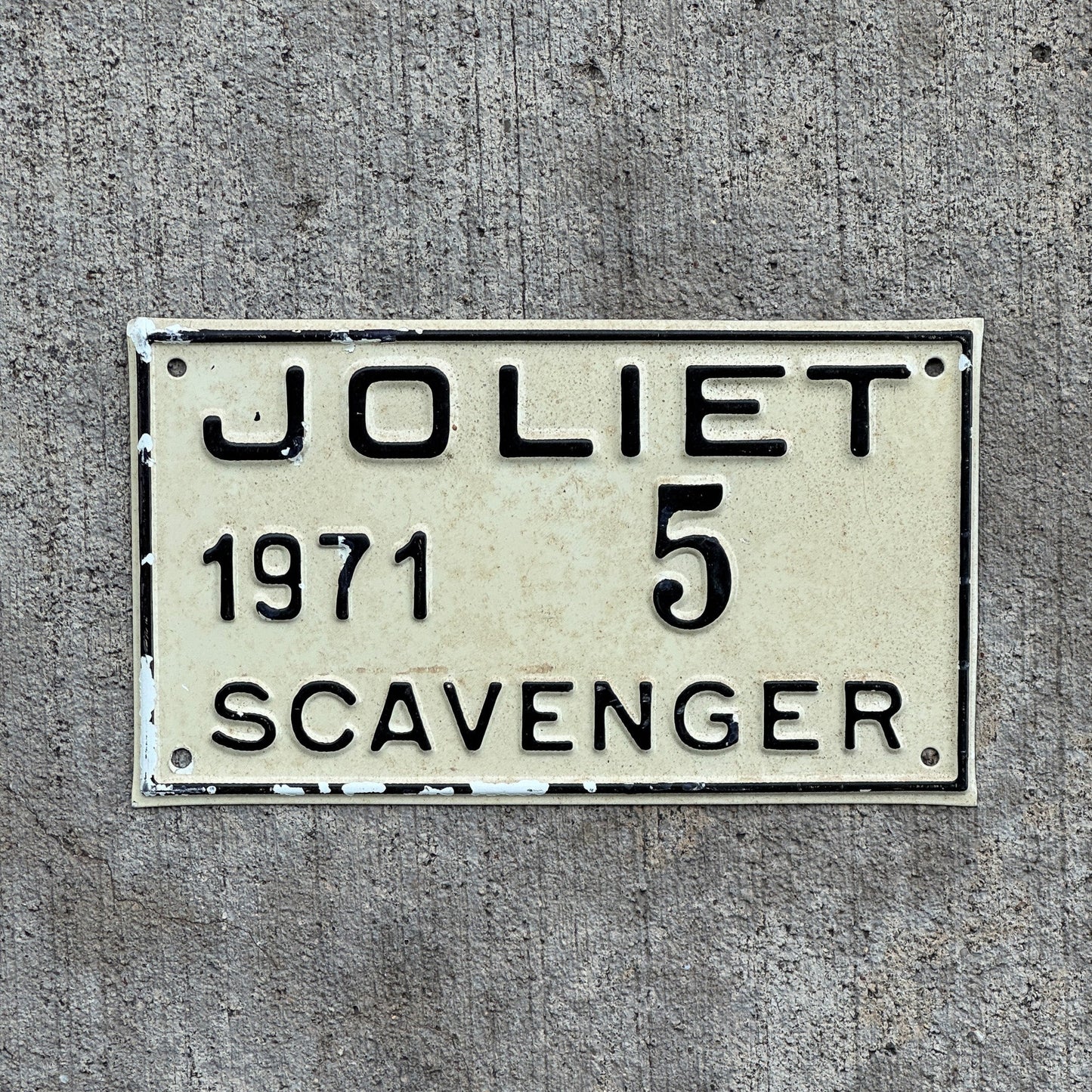 Photo of a 1971 Illinois Scavenger License Plate Auto Tag Garage Decor Vintage Joliet 5 with original patina