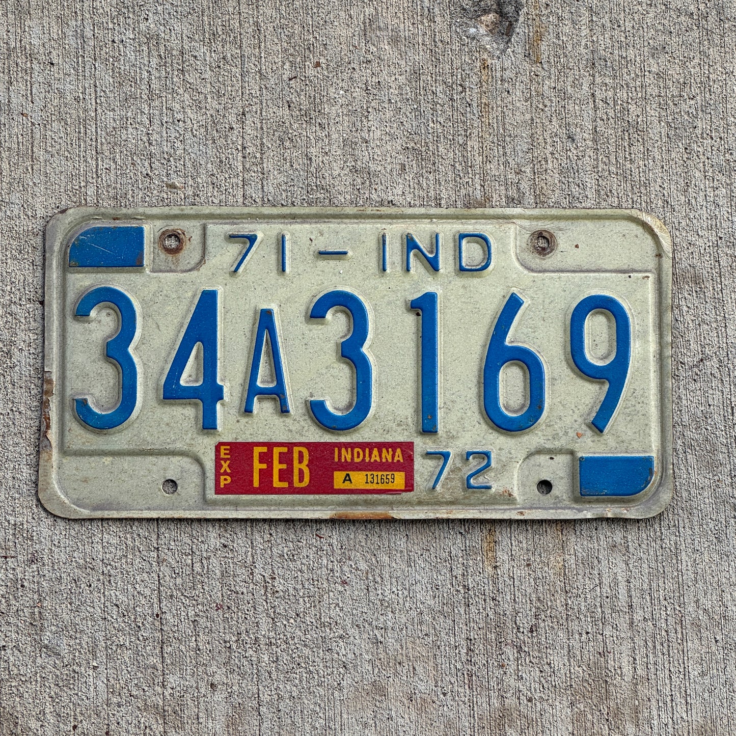 Photo of a 1971 Indiana License Plate Auto Tag Garage Decor Vintage 34 A 3169 with original patina