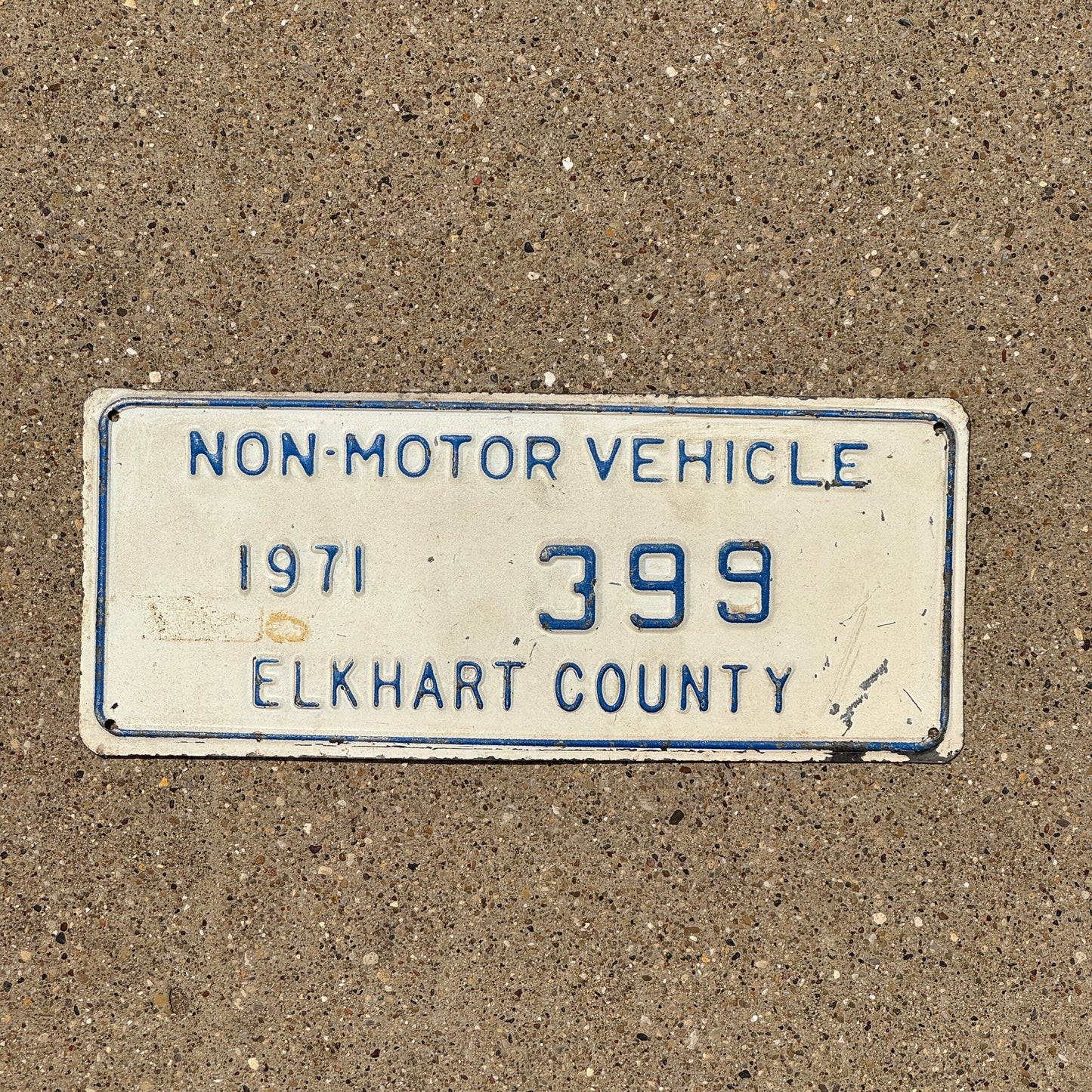 Photo of a 1971 Indiana Non-Motor Vehicle License Plate Auto Tag Garage Decor Vintage Elkhart County 399