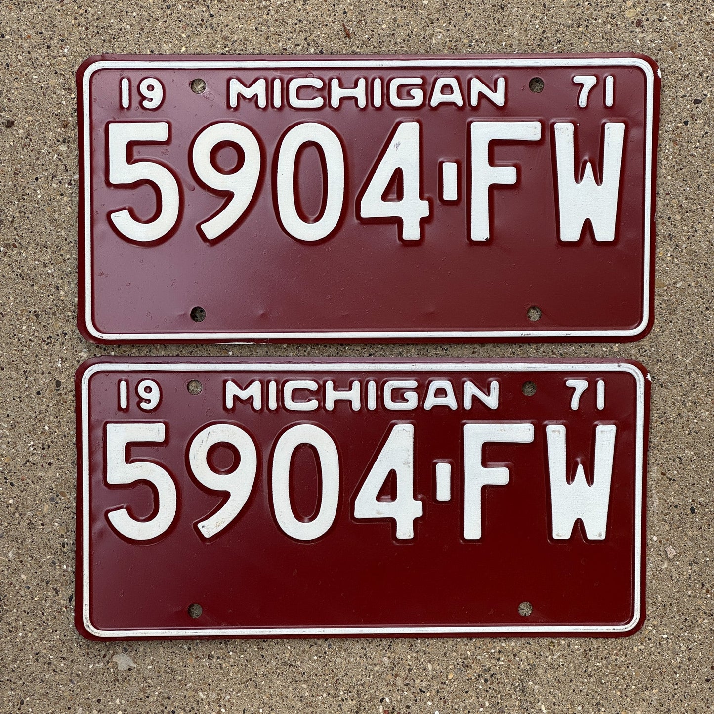 Photo of a 1971 Michigan License Plate Pair Auto Tag Garage Decor Vintage 5904 FW