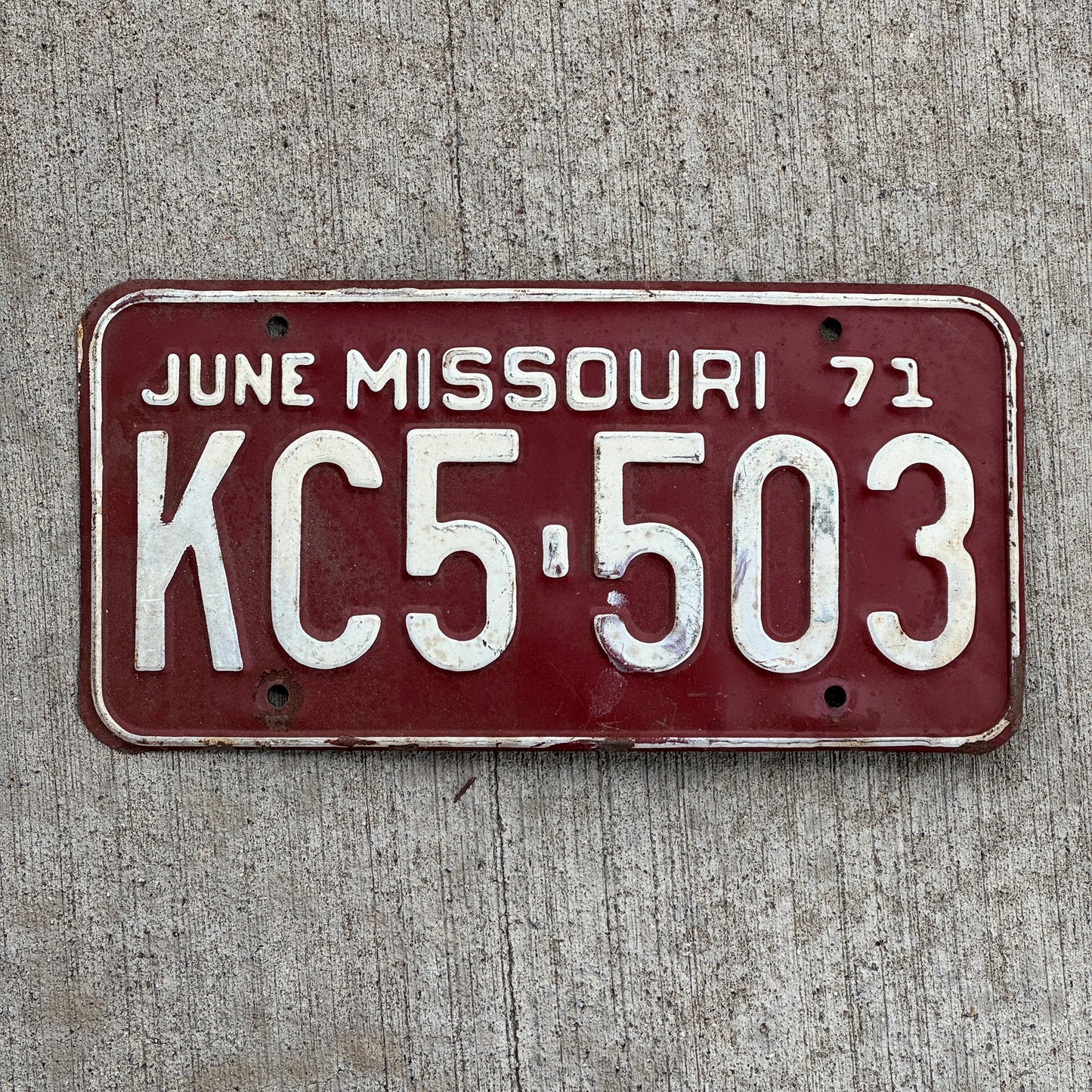 Photo of a 1971 Missouri License Plate Auto Tag Garage Decor Vintage KC5 503 with original patina