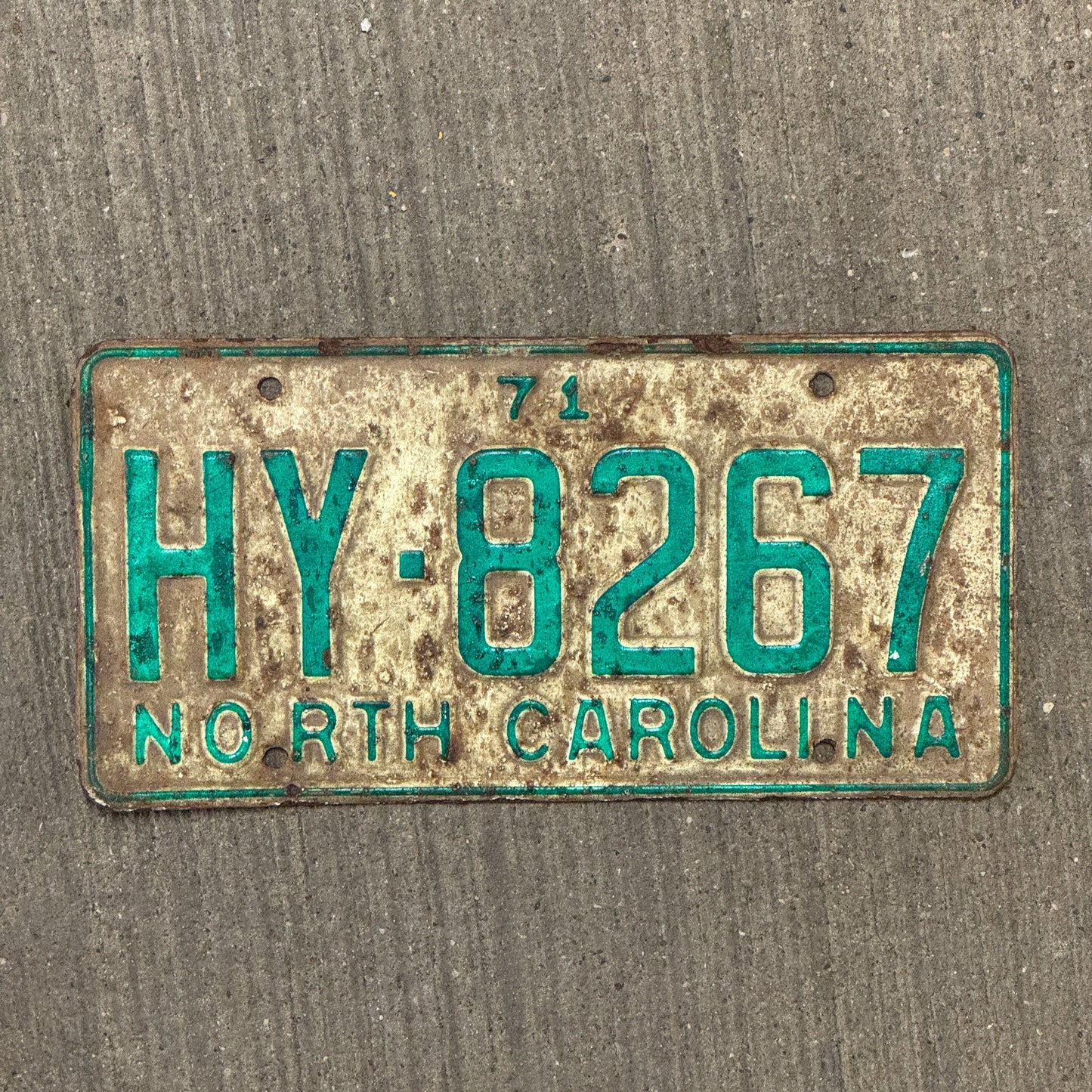 Photo of a 1971 North Carolina License Plate Auto Tag Garage Decor Vintage HY 8267 with original patina