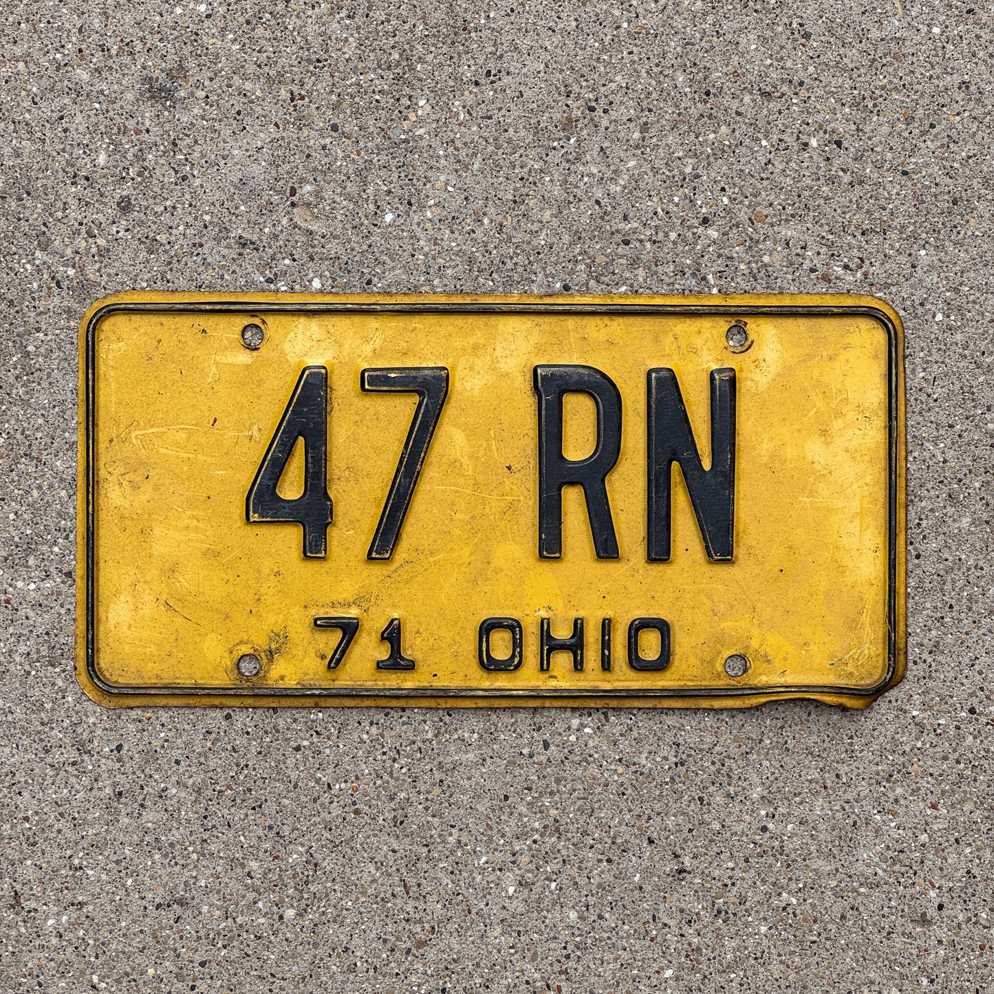 Photo of a 1971 Ohio License Plate Auto Tag 1 Vintage Garage Nurse Gift 47 RN with original patina