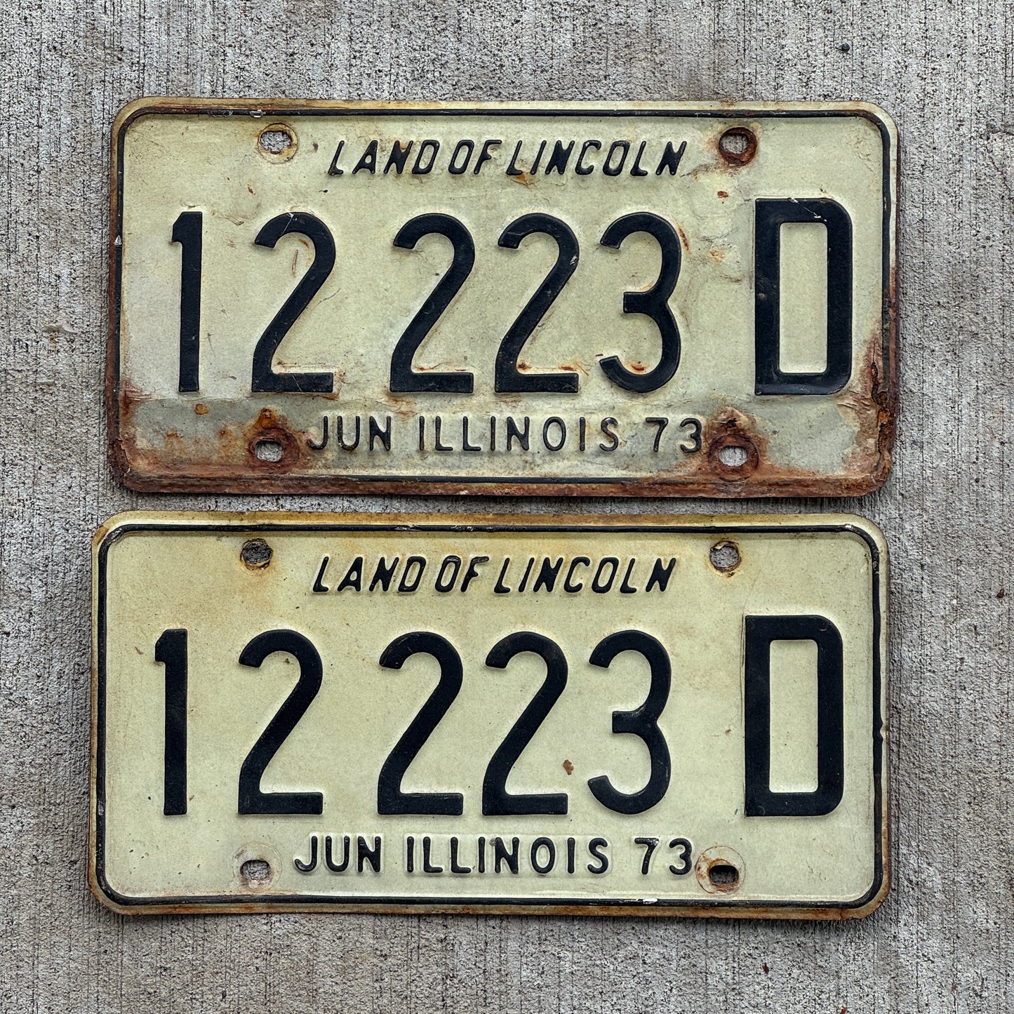 Photo of a 1972 1973 Illinois Truck License Plate Pair Auto Tag Garage Decor Vintage Repeat Repeating 12 223 D with original patina