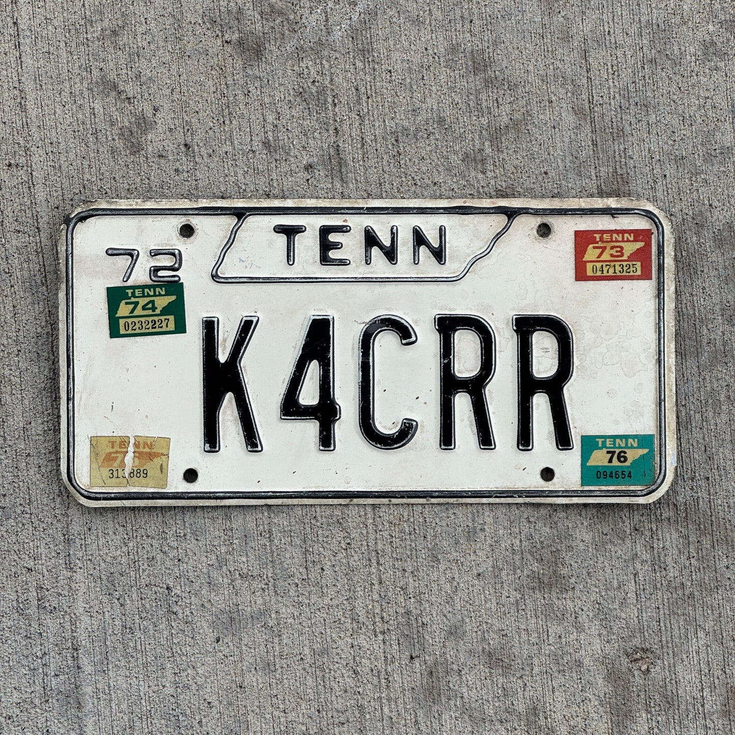 Photo of a 1972 1976 Tennessee HAM Radio License Plate Auto Tag Garage Decor Vintage K4CRR with original patina