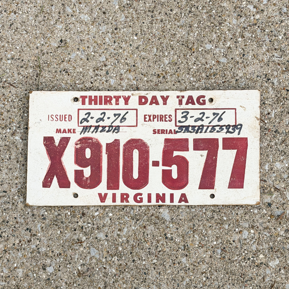 Photo of a 1972 1976 Virginia Temporary License Plate Auto Tag Garage Decor Vintage Fiberboard Mazda X 910 577 with original patina