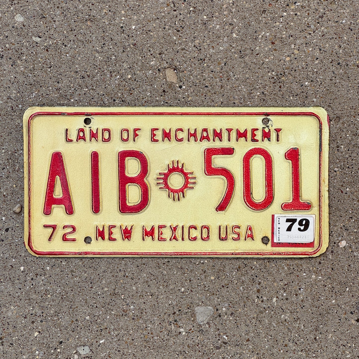 Photo of a 1972 1979 New Mexico License Plate Auto Tag Garage Decor Vintage AIB 501 with original patina