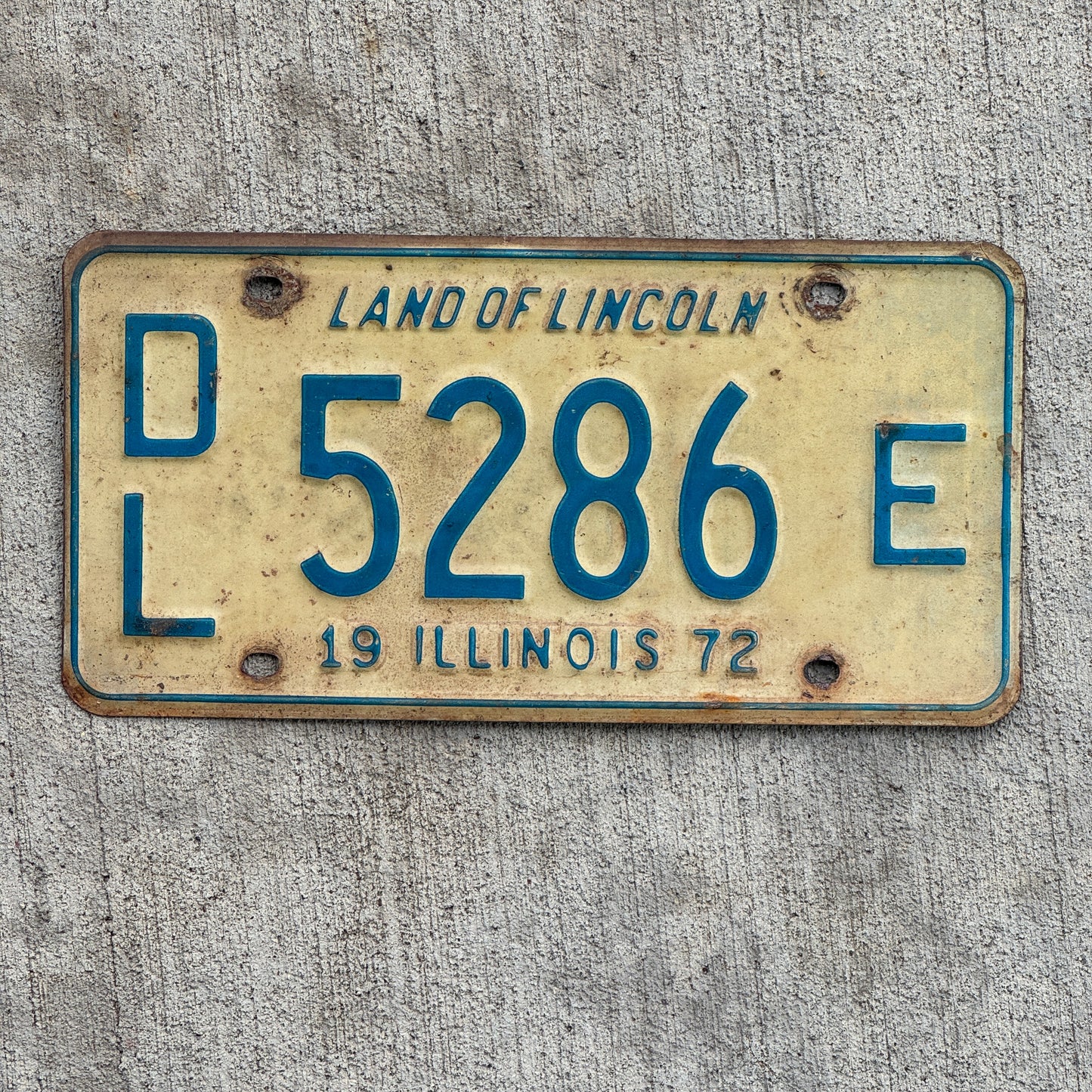 Photo of a 1972 Illinois Dealer License Plate Auto Tag 2 Vintage Garage 5286 E with original patina