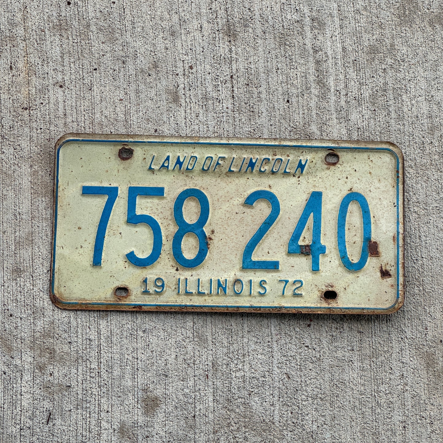Photo of a 1972 Illinois License Plate Auto Tag 2 Vintage Garage 758 240 with original patina