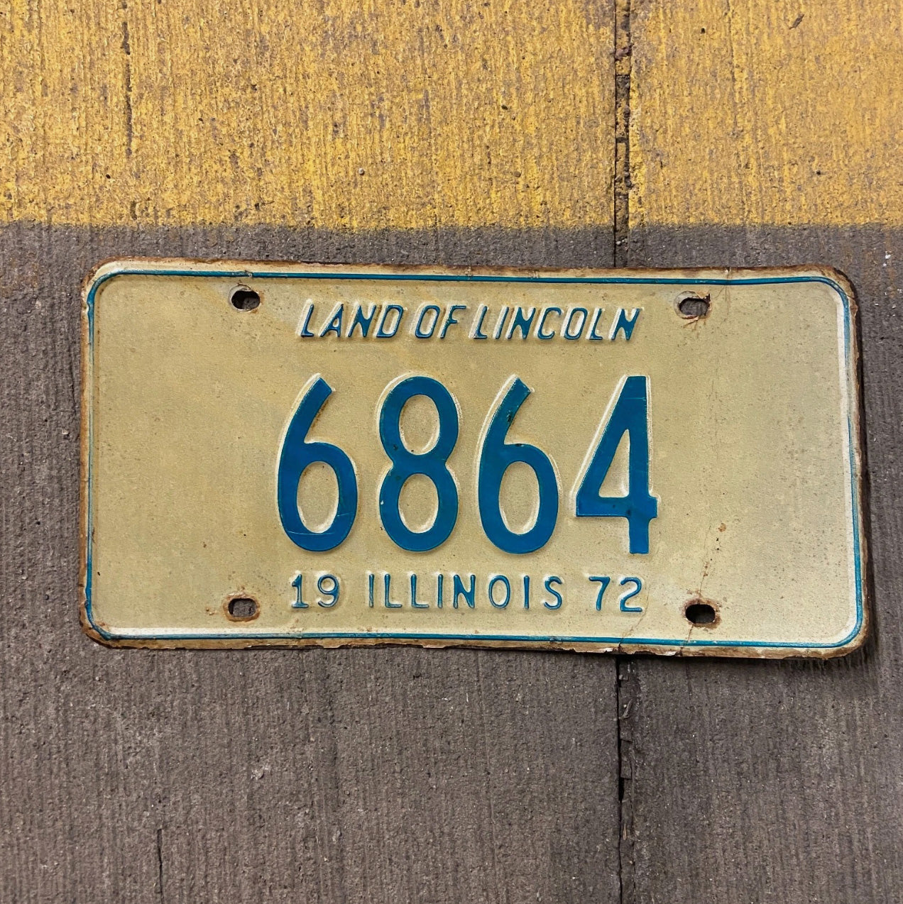 Photo of a 1972 Illinois License Plate Auto Tag Garage Decor Vintage Low Number Four Digit 6864 with original patina