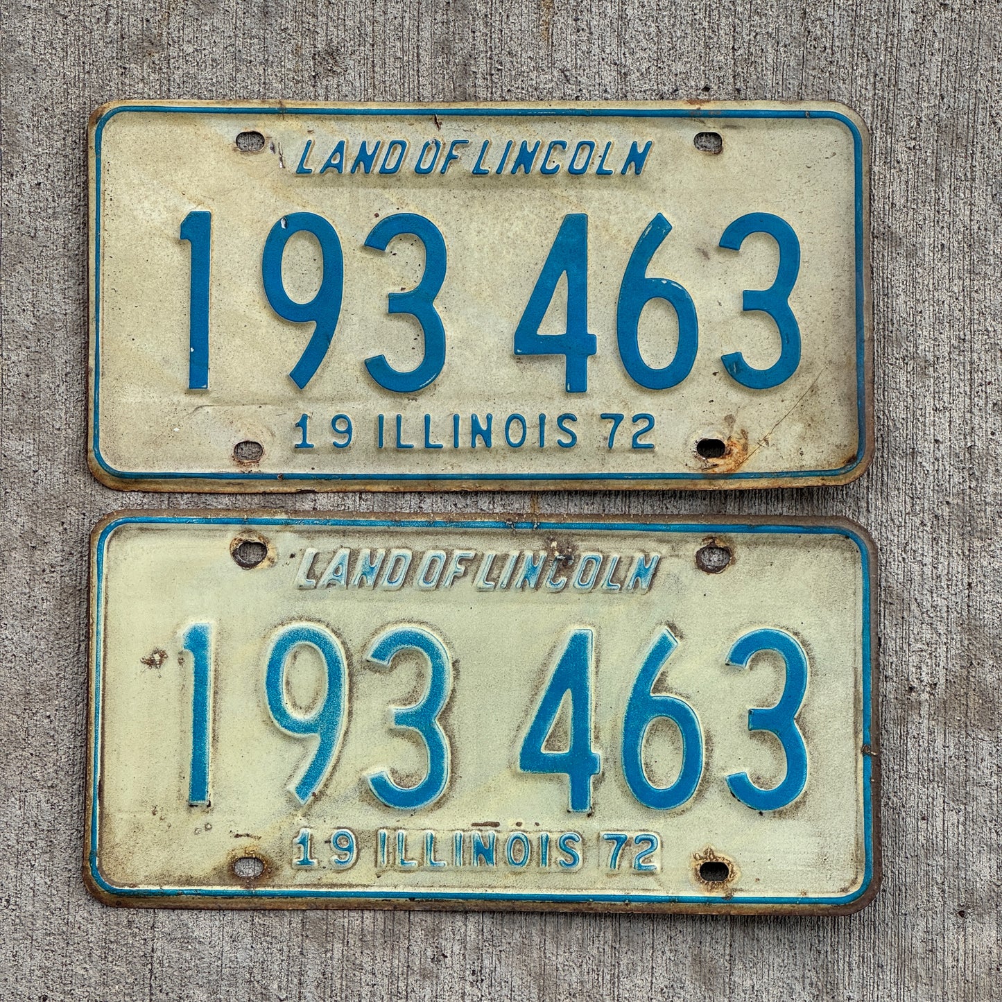 Photo of a 1972 Illinois License Plate Pair Auto Tag Garage Decor Vintage 193 463 with original patina