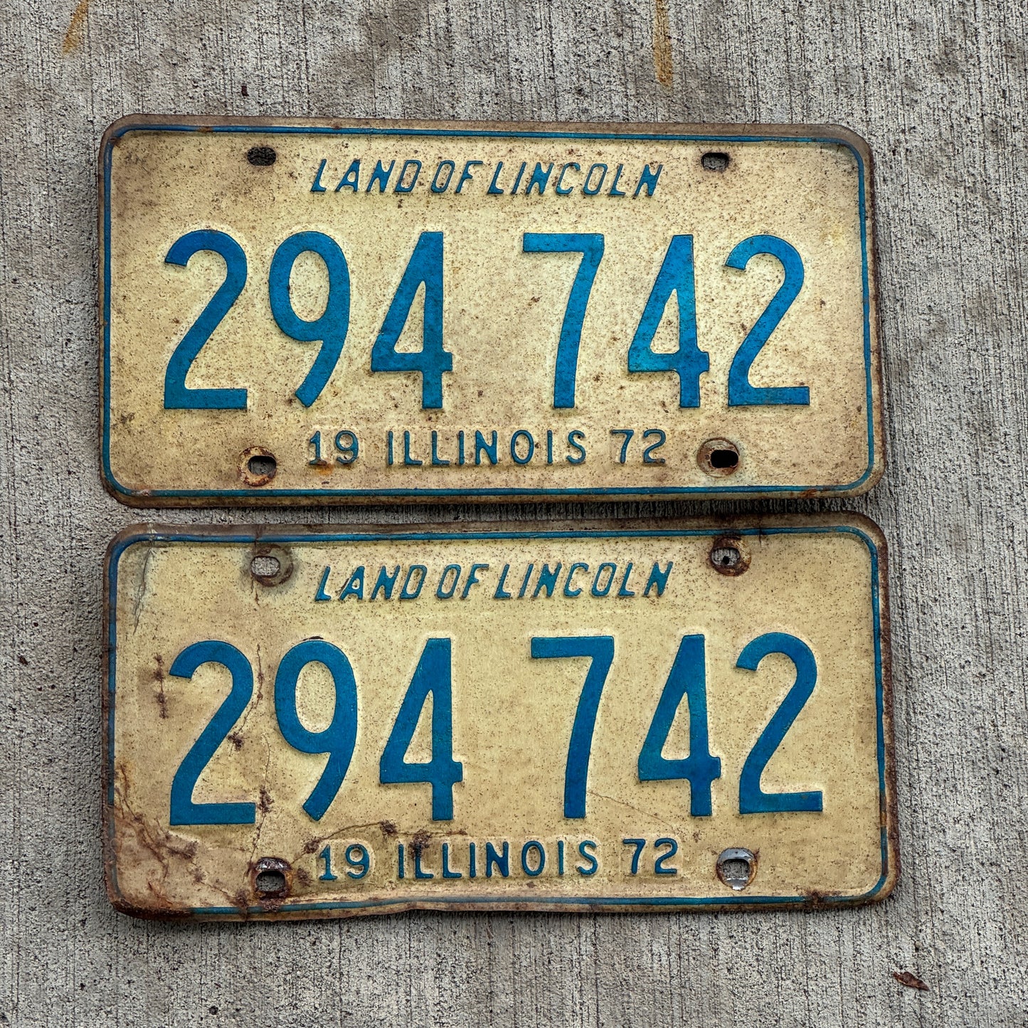 Photo of a 1972 Illinois License Plate Pair Auto Tag Garage Decor Vintage 294 742 with original patina