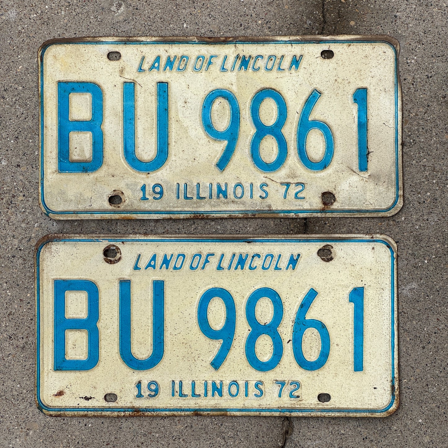 Photo of a 1972 Illinois License Plate Pair Auto Tag Garage Decor Vintage BU 9861 with original patina