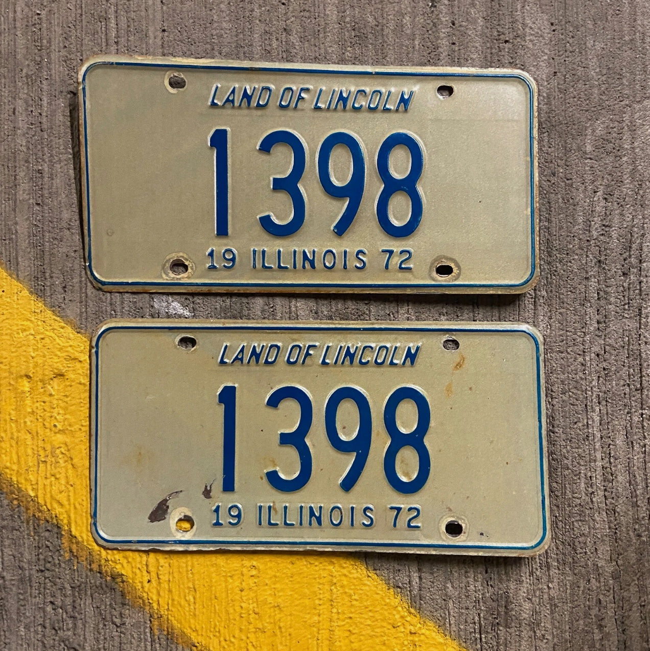 Photo of a 1972 Illinois License Plate Pair Auto Tag Garage Decor Vintage Low Number Four Digit 1398 with original patina