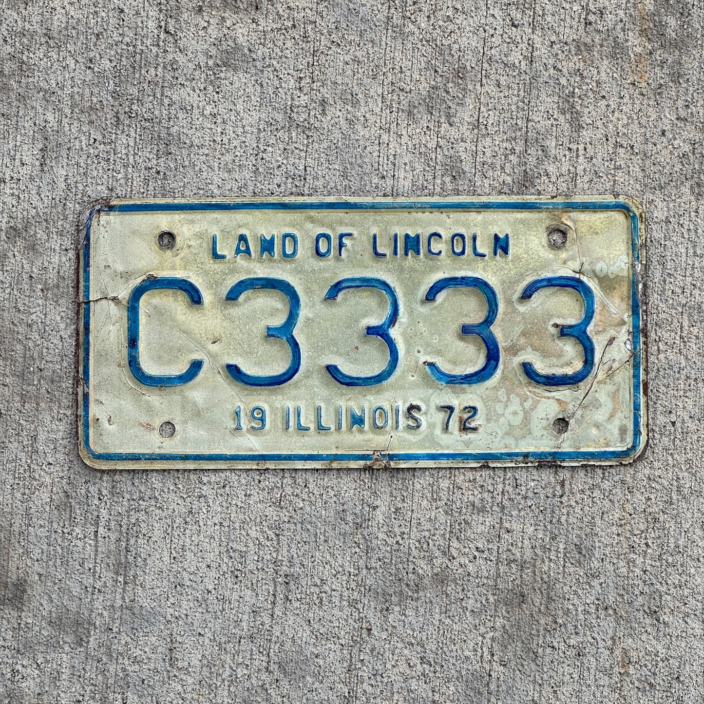 Photo of a 1972 Illinois Moped License Plate Auto Tag Garage Decor Vintage Repeat Repeating C 3333 with original patina