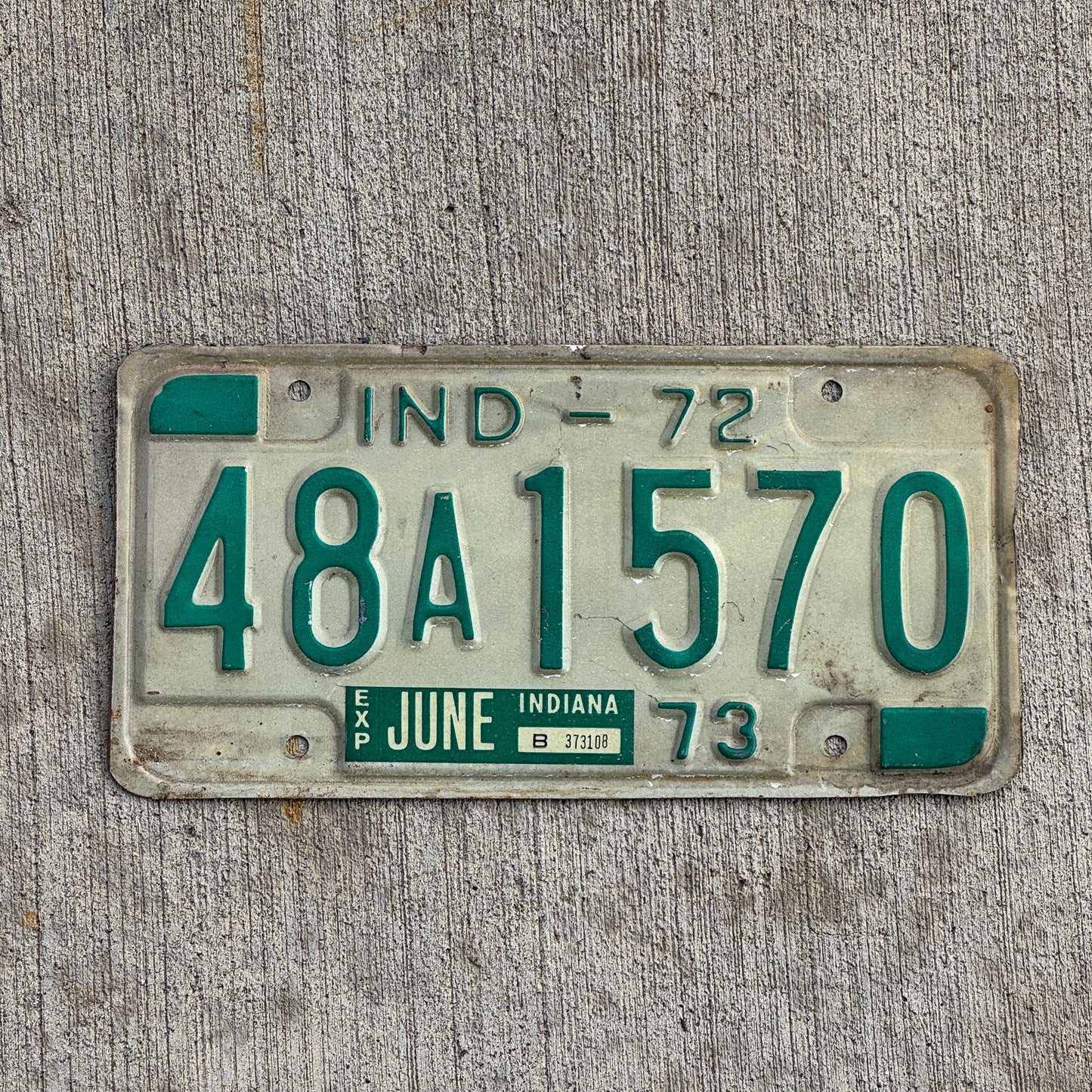 Photo of a 1972 Indiana License Plate Auto Tag Garage Decor Vintage 48 A 1570 with original patina