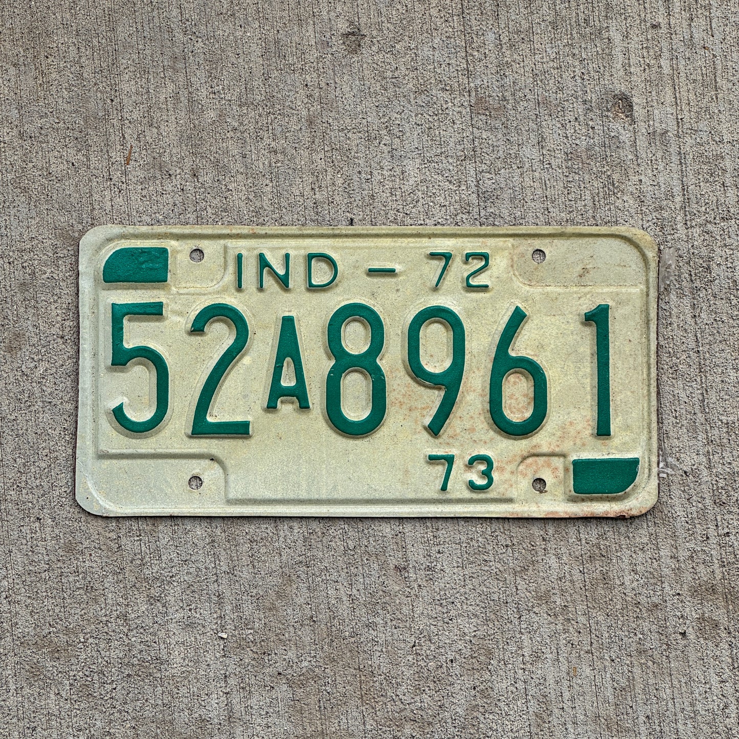 Photo of a 1972 Indiana License Plate Auto Tag Garage Decor Vintage 52 A 8961 with original patina