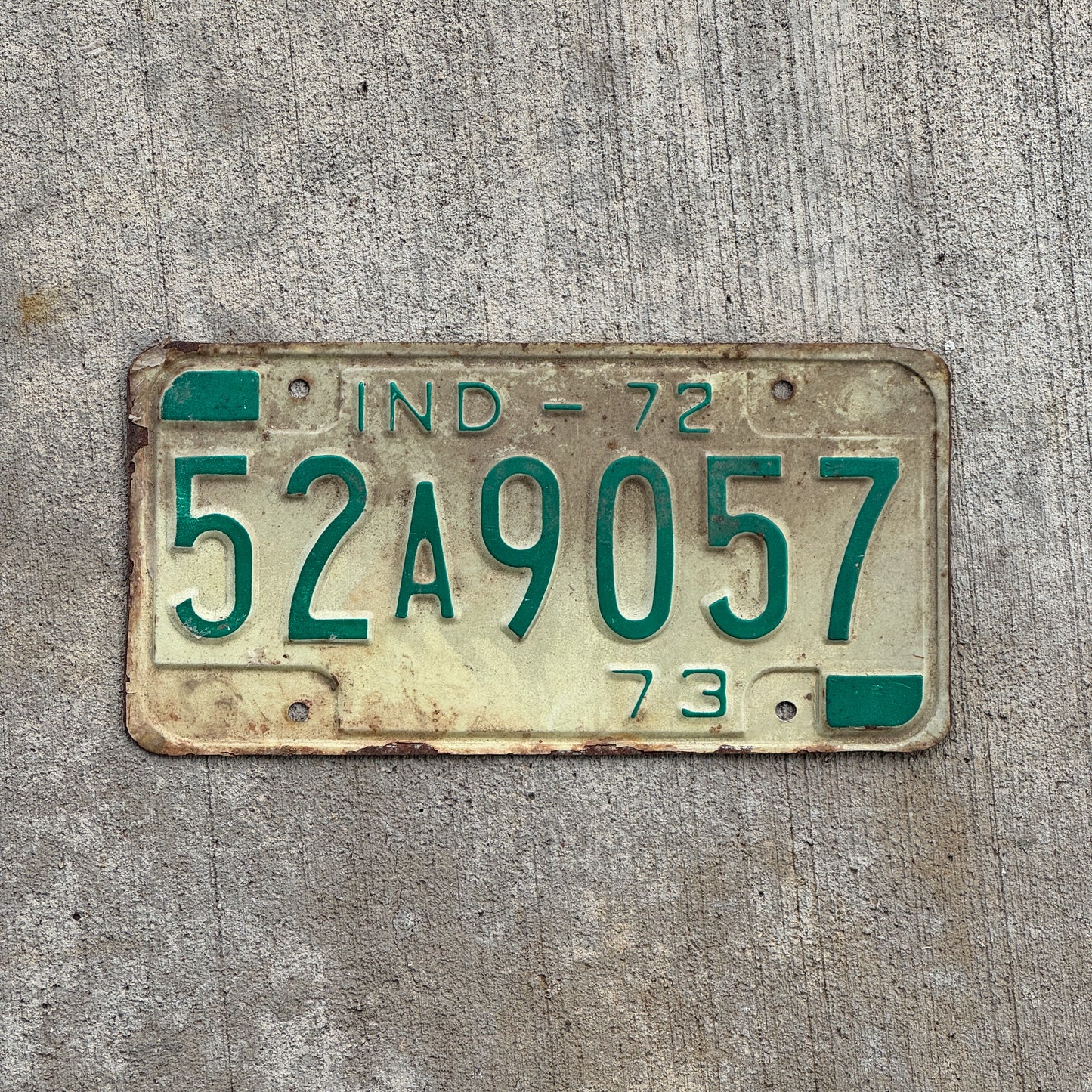 Photo of a 1972 Indiana License Plate Auto Tag Garage Decor Vintage 52 A 9057 with original patina