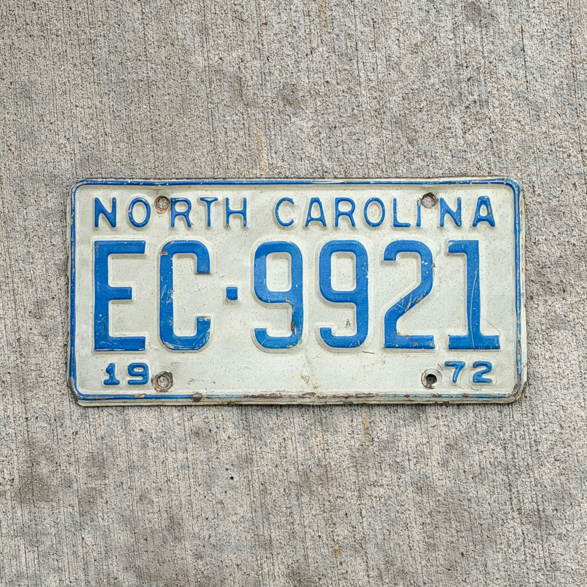 Photo of a 1972 North Carolina License Plate Auto Tag Garage Decor Vintage EC 9921 with original patina