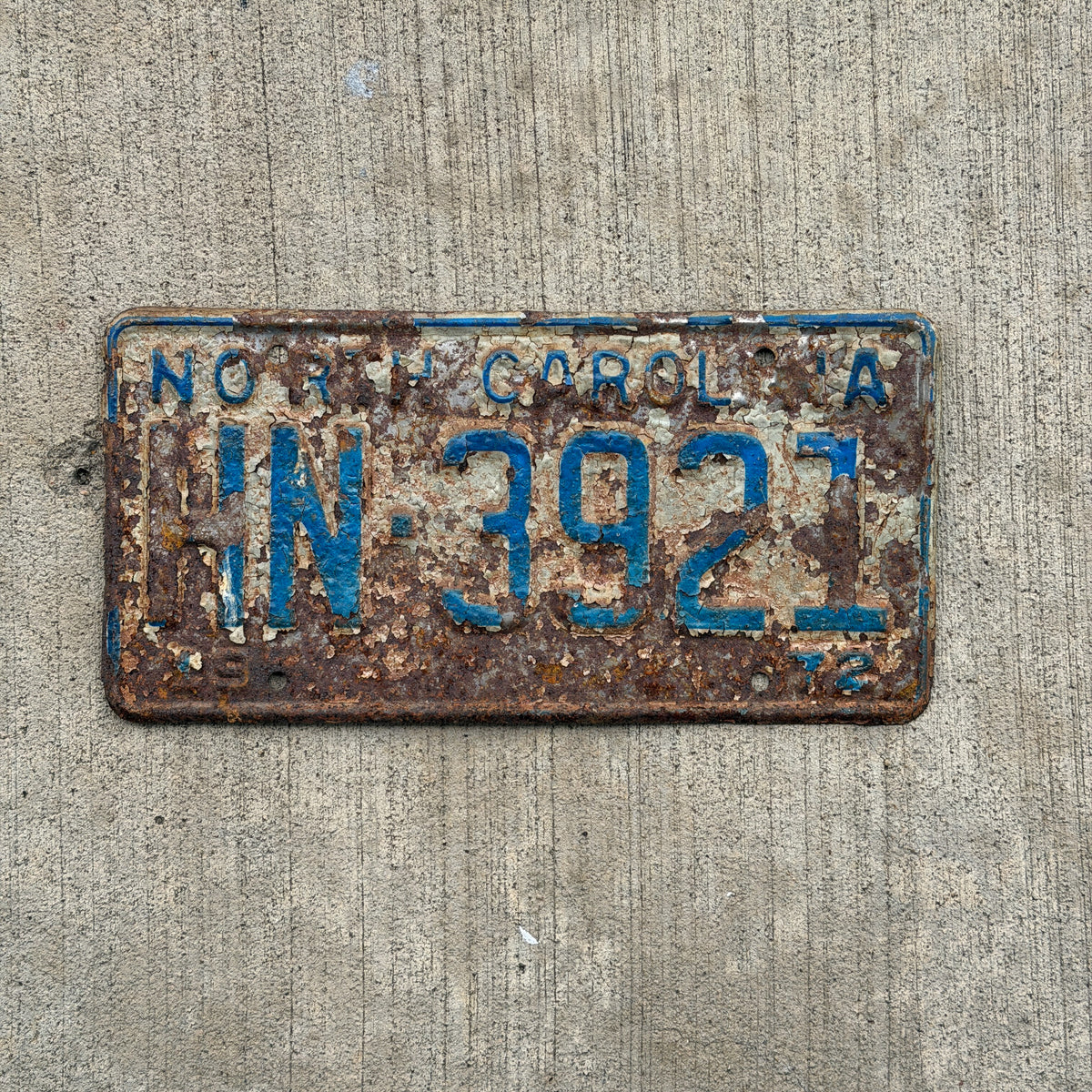 Photo of a 1972 North Carolina License Plate Auto Tag Garage Decor Vintage HN 3921 with original patina