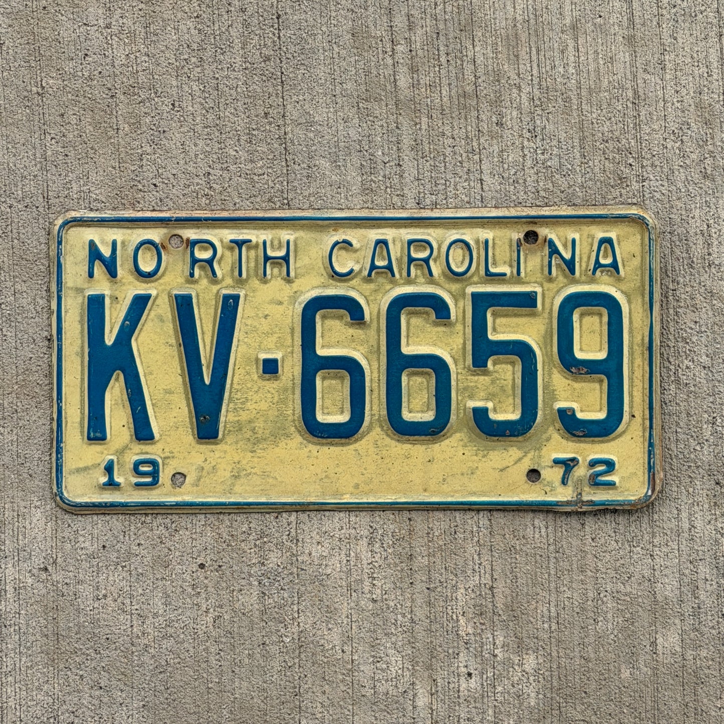 Photo of a 1972 North Carolina License Plate Auto Tag Garage Decor Vintage KV 6659 with original patina