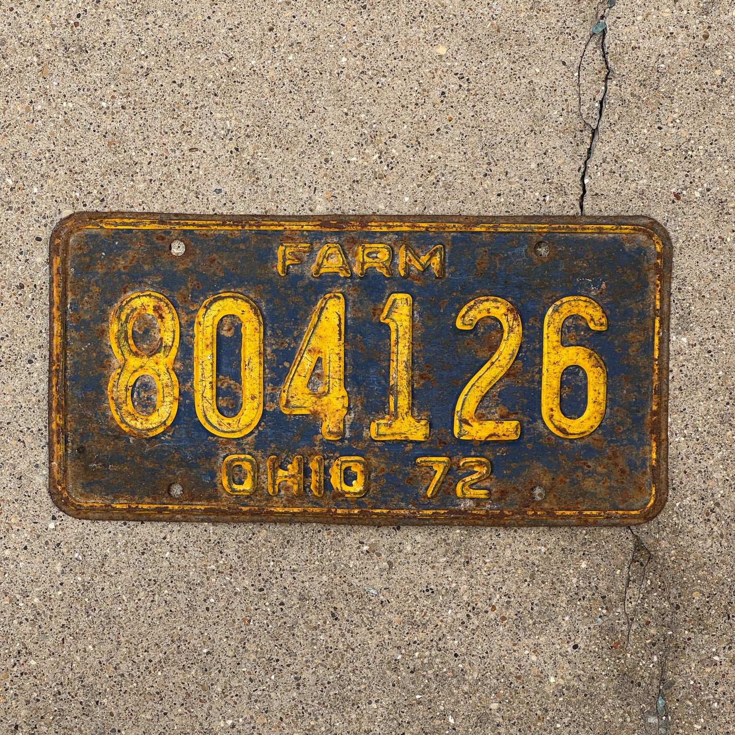 Photo of a 1972 Ohio Farm License Plate Auto Tag Garage Decor Vintage 804126 with original patina