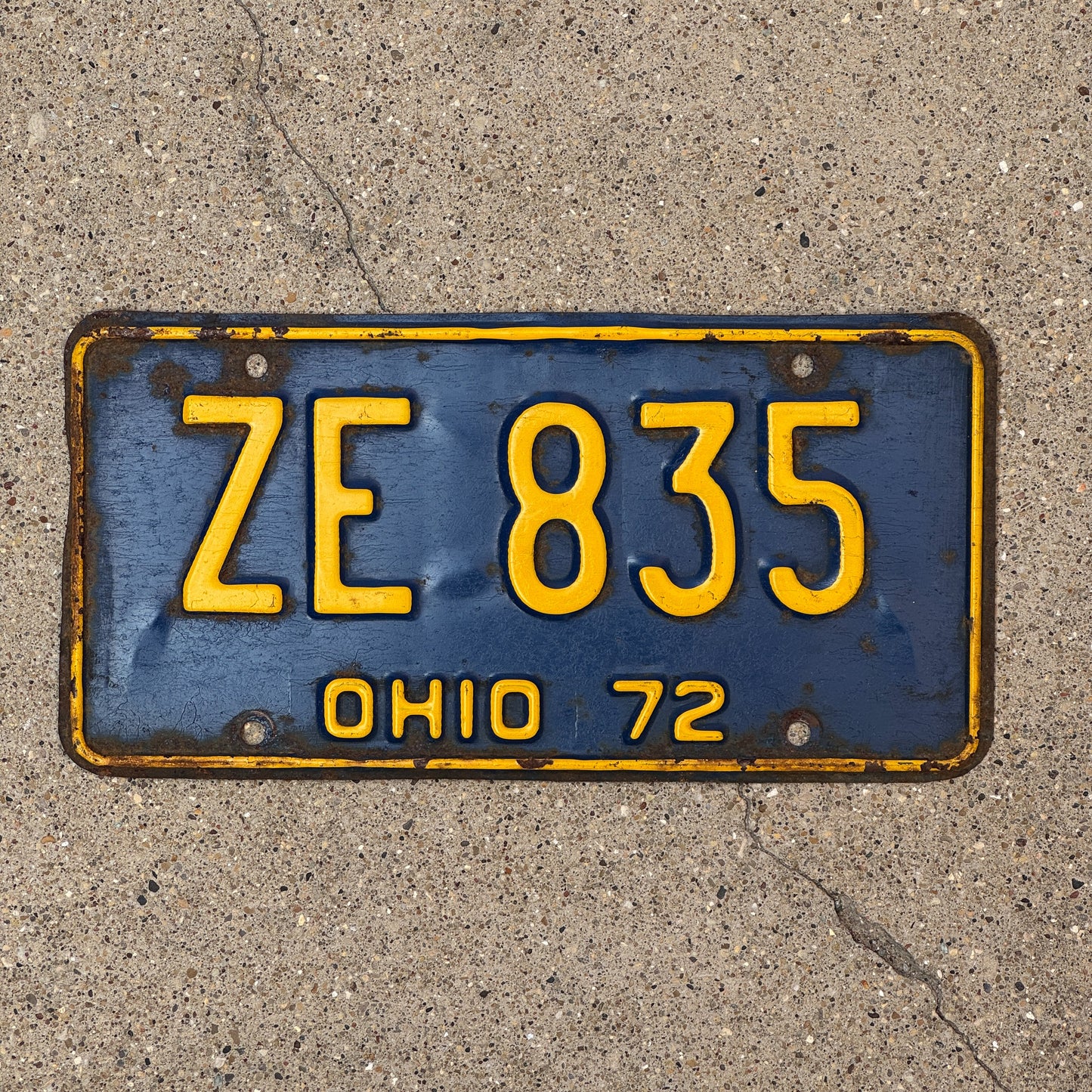 Photo of a 1972 Ohio License Plate Auto Tag 1 Vintage Garage ZE 835 with original patina