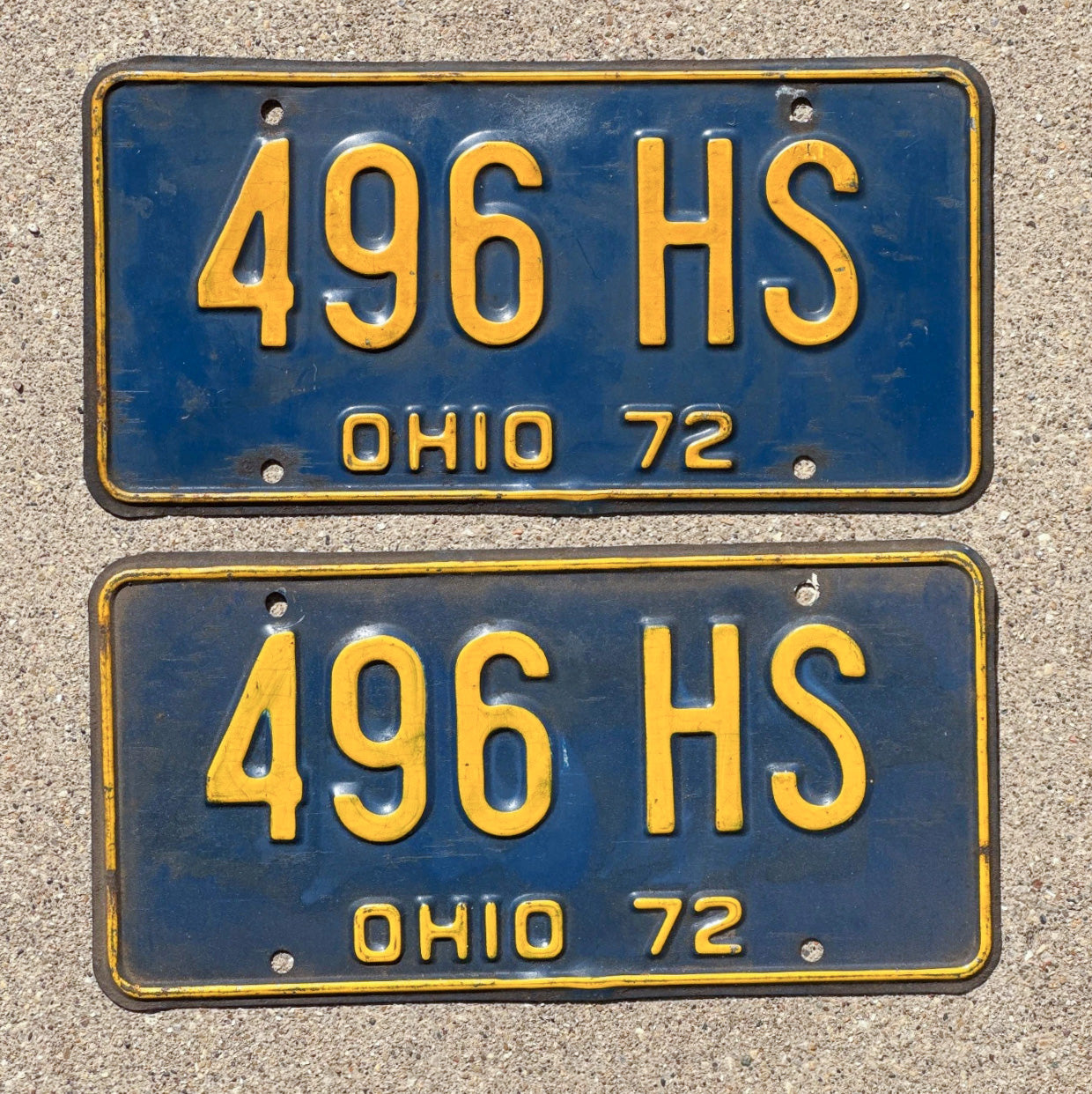 Photo of a 1972 Ohio License Plate Pair Auto Tag Garage Decor Vintage 496 HS with original patina