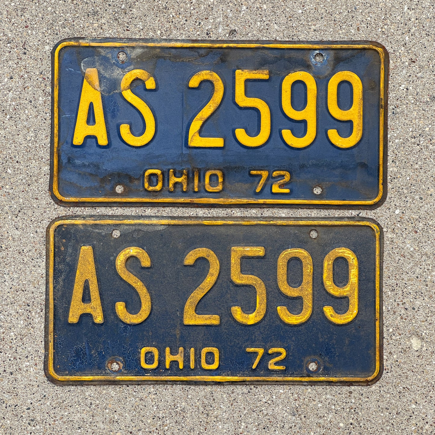 Photo of a 1972 Ohio License Plate Pair Auto Tag Garage Decor Vintage AS 2599 with original patina