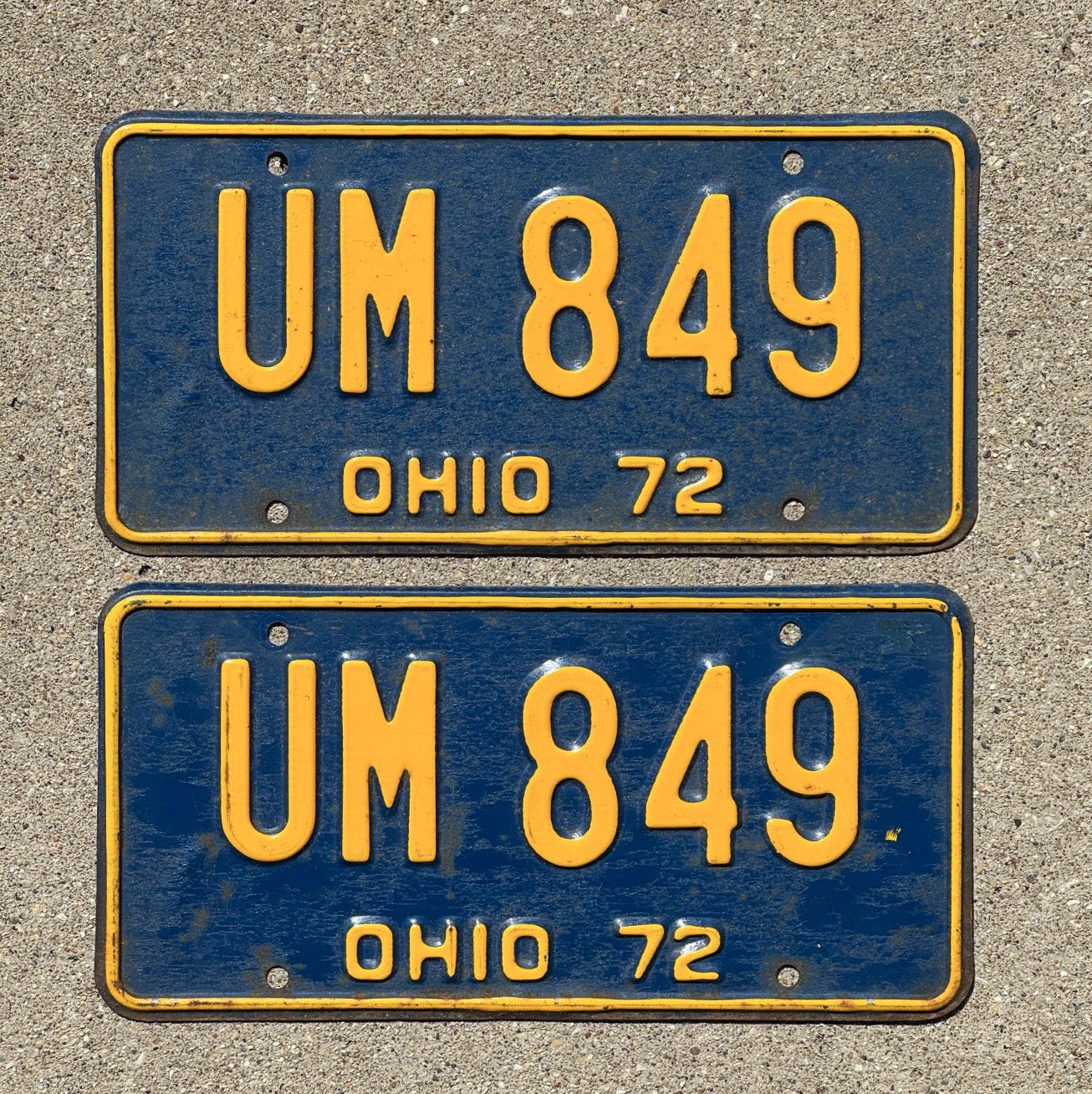 Photo of a 1972 Ohio License Plate Pair Auto Tag Garage Decor Vintage University of Michigan Colors UM 849 with original patina