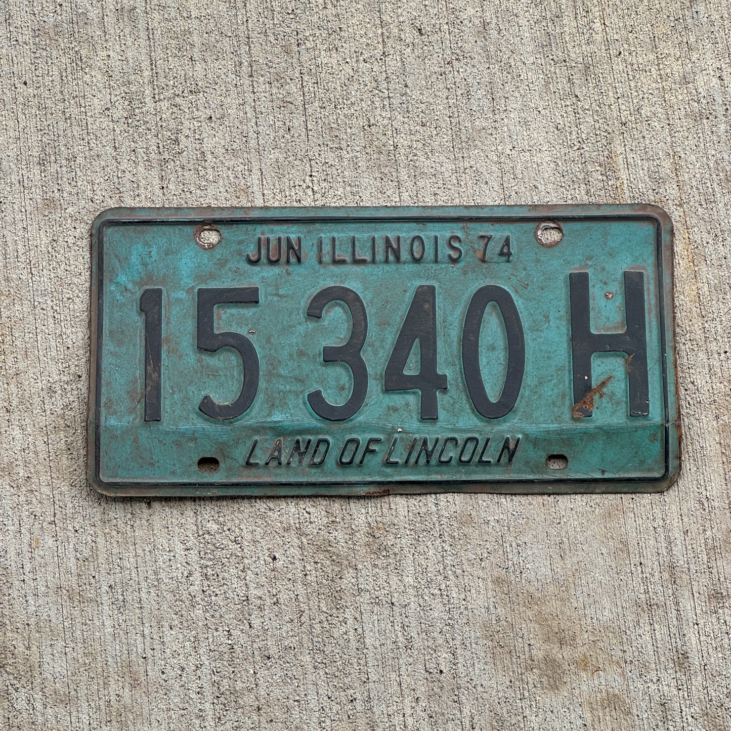 Photo of a 1973 1974 Illinois Truck License Plate Auto Tag 2 Vintage Garage 15 340 H with original patina