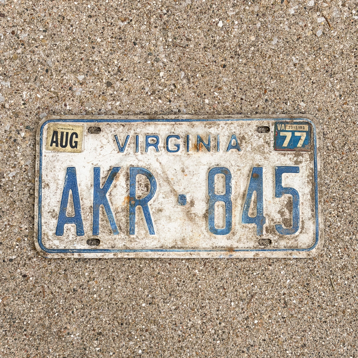 Photo of a 1973 1977 Virginia License Plate Auto Tag Garage Decor Vintage AKR 845 with original patina
