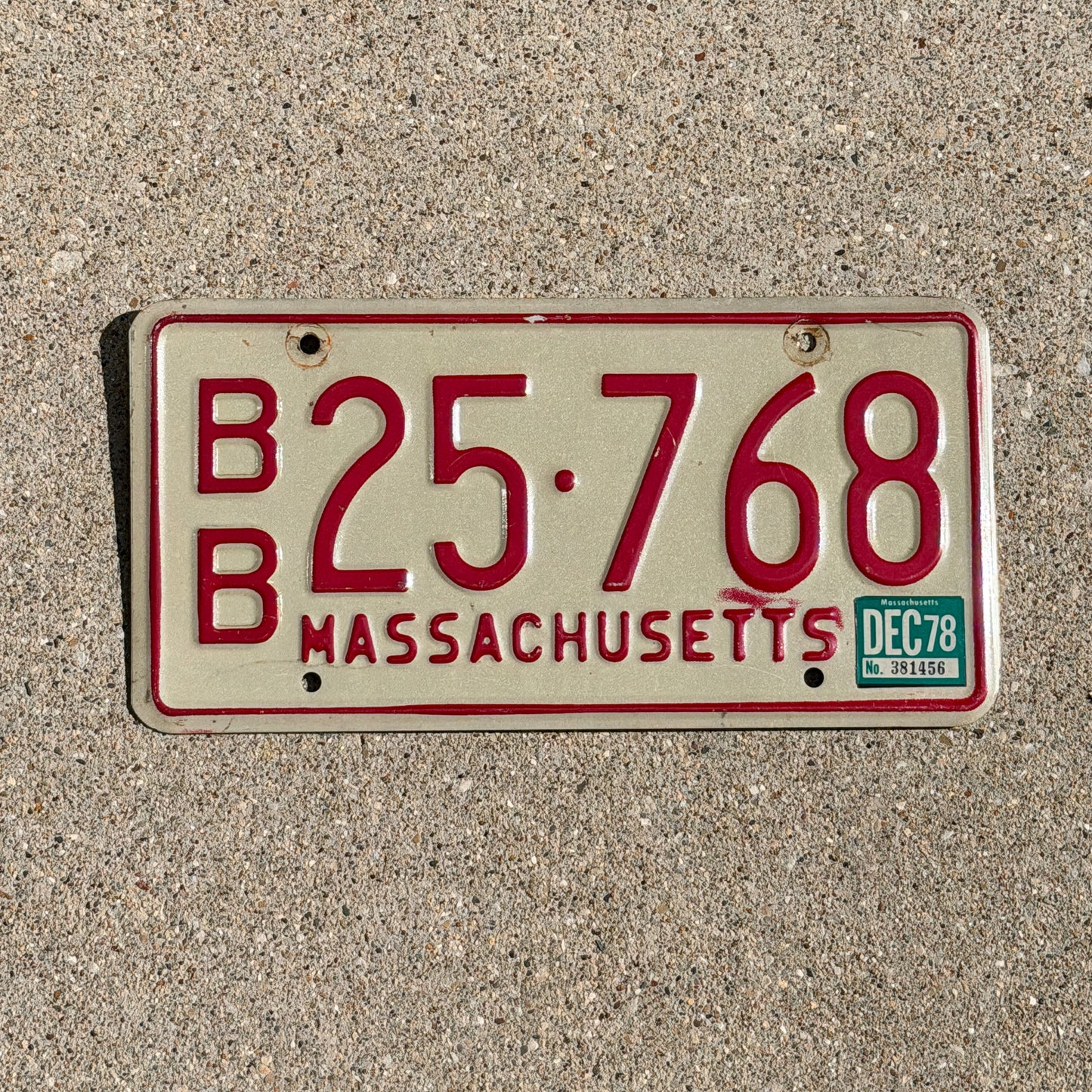 Photo of a 1973 1978 Massachusetts Commercial License Plate Auto Tag Garage Decor Vintage BB 25 768 with original patina
