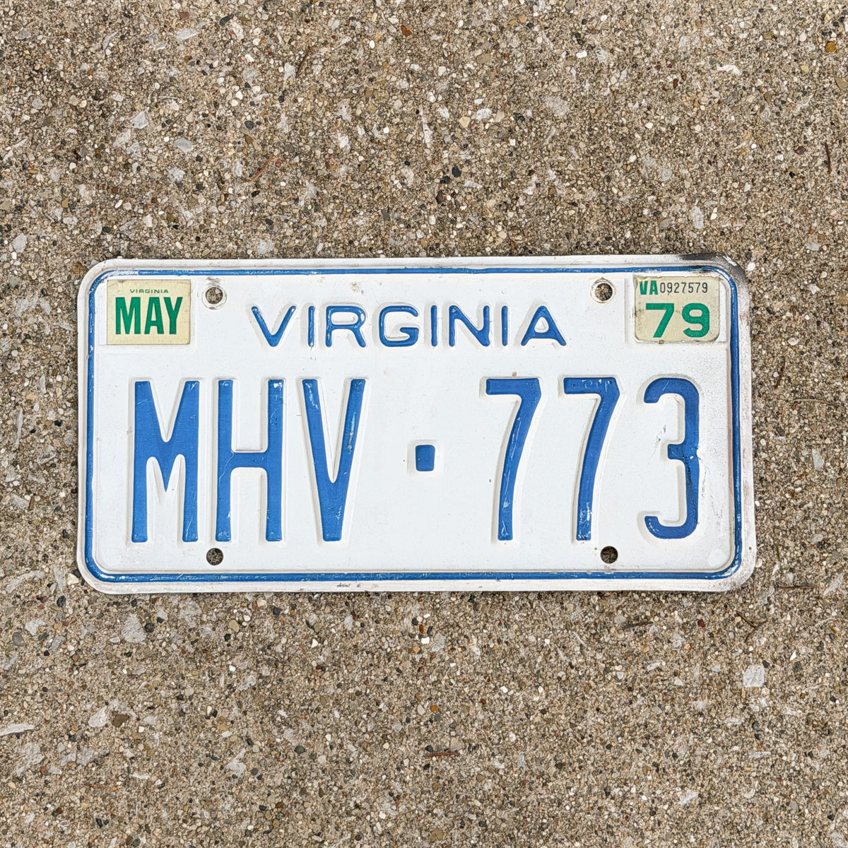 Photo of a 1973 1979 Virginia License Plate Auto Tag Garage Decor Vintage MHV 773 with original patina