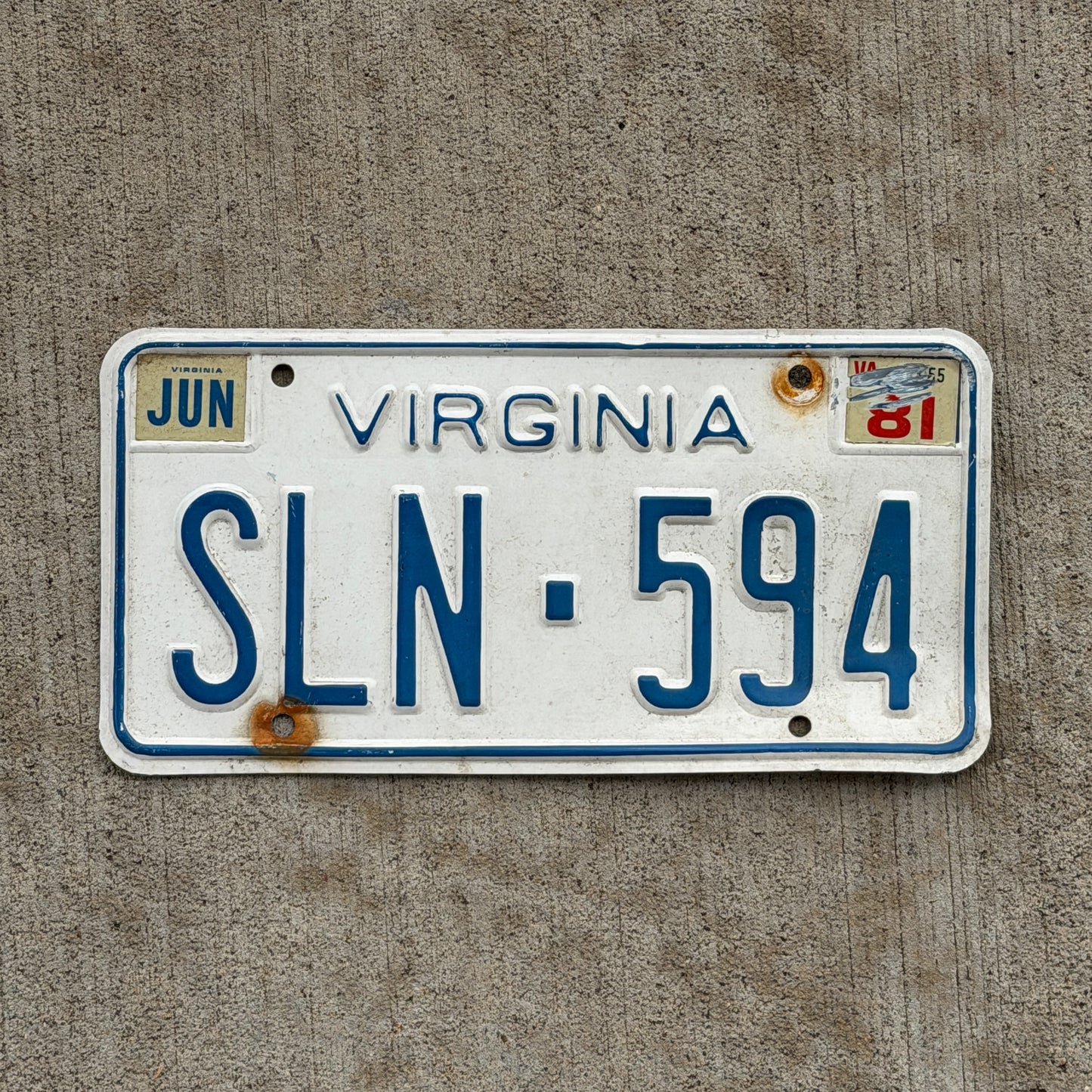 Photo of a 1973 1981 Virginia License Plate Auto Tag Garage Decor Vintage SLN 594 with original patina