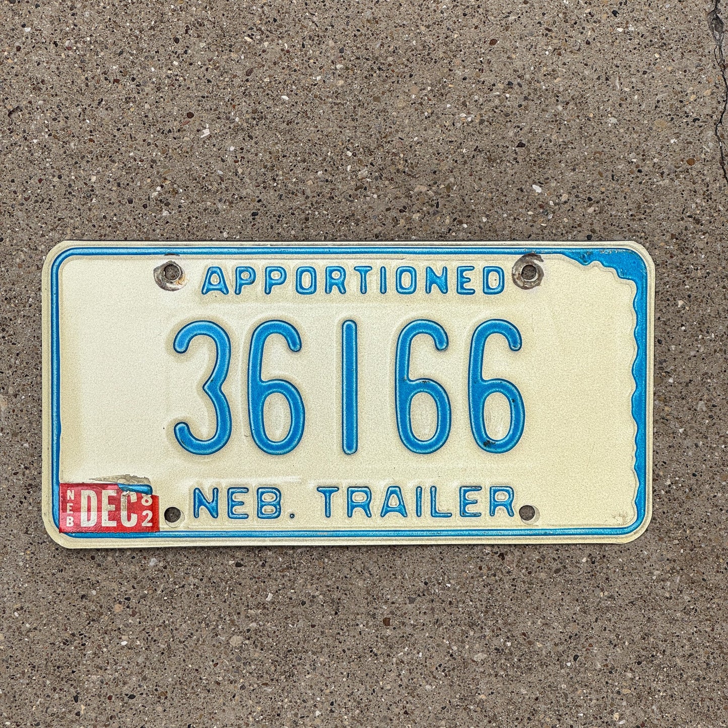 Photo of a 1973 1982 Nebraska Apportioned Trailer License Plate Auto Tag Garage Decor Vintage 36166