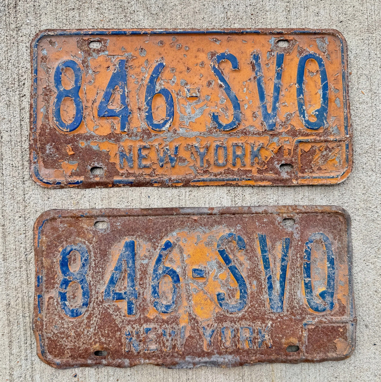 Photo of a 1973 1986 New York License Plate Pair Auto Tag Garage Decor Vintage Orange 846 SVQ