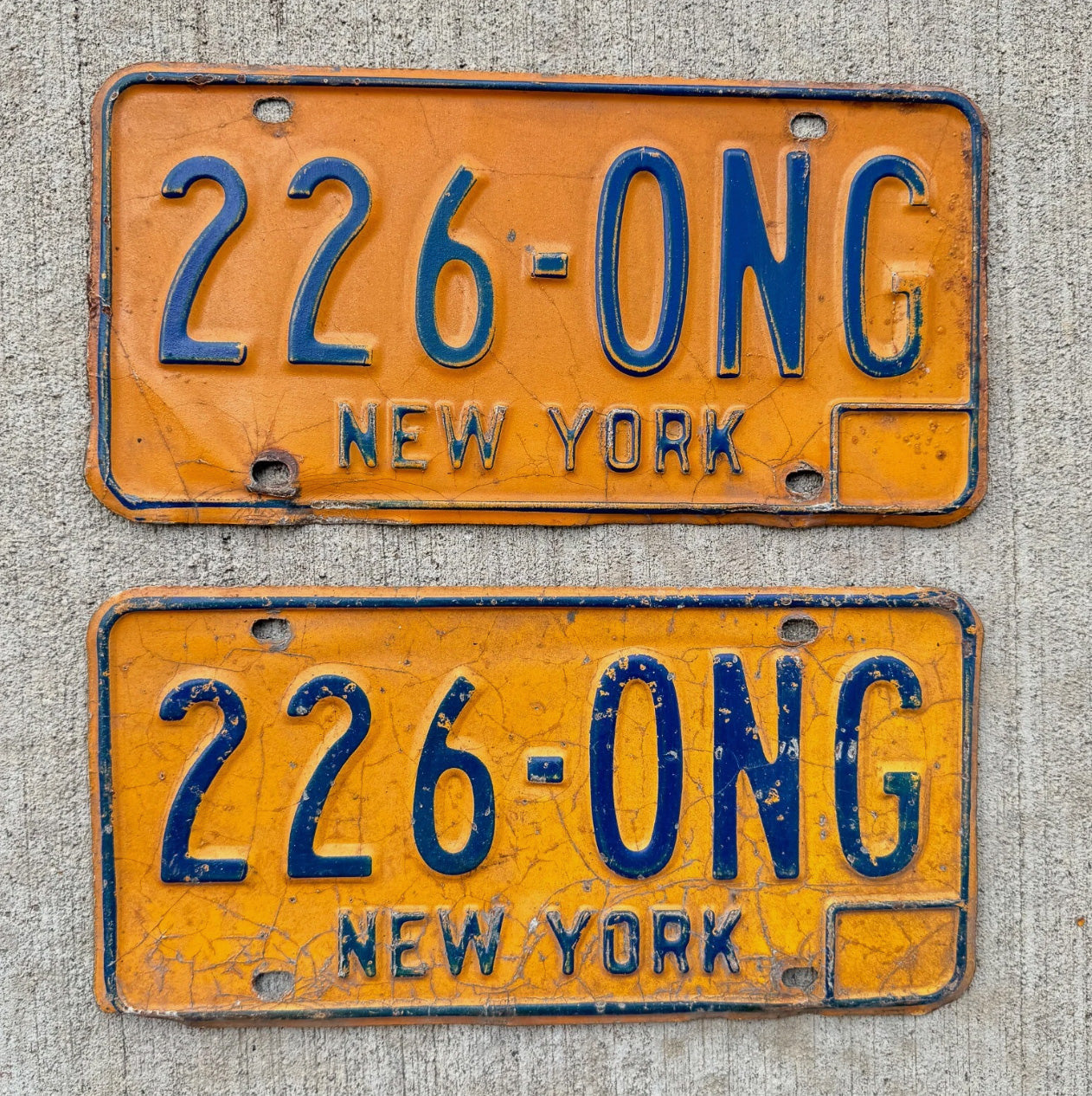 Photo of a 1973 1986 New York License Plate Pair Auto Tag Garage Decor Vintage YOM 226 ONG
