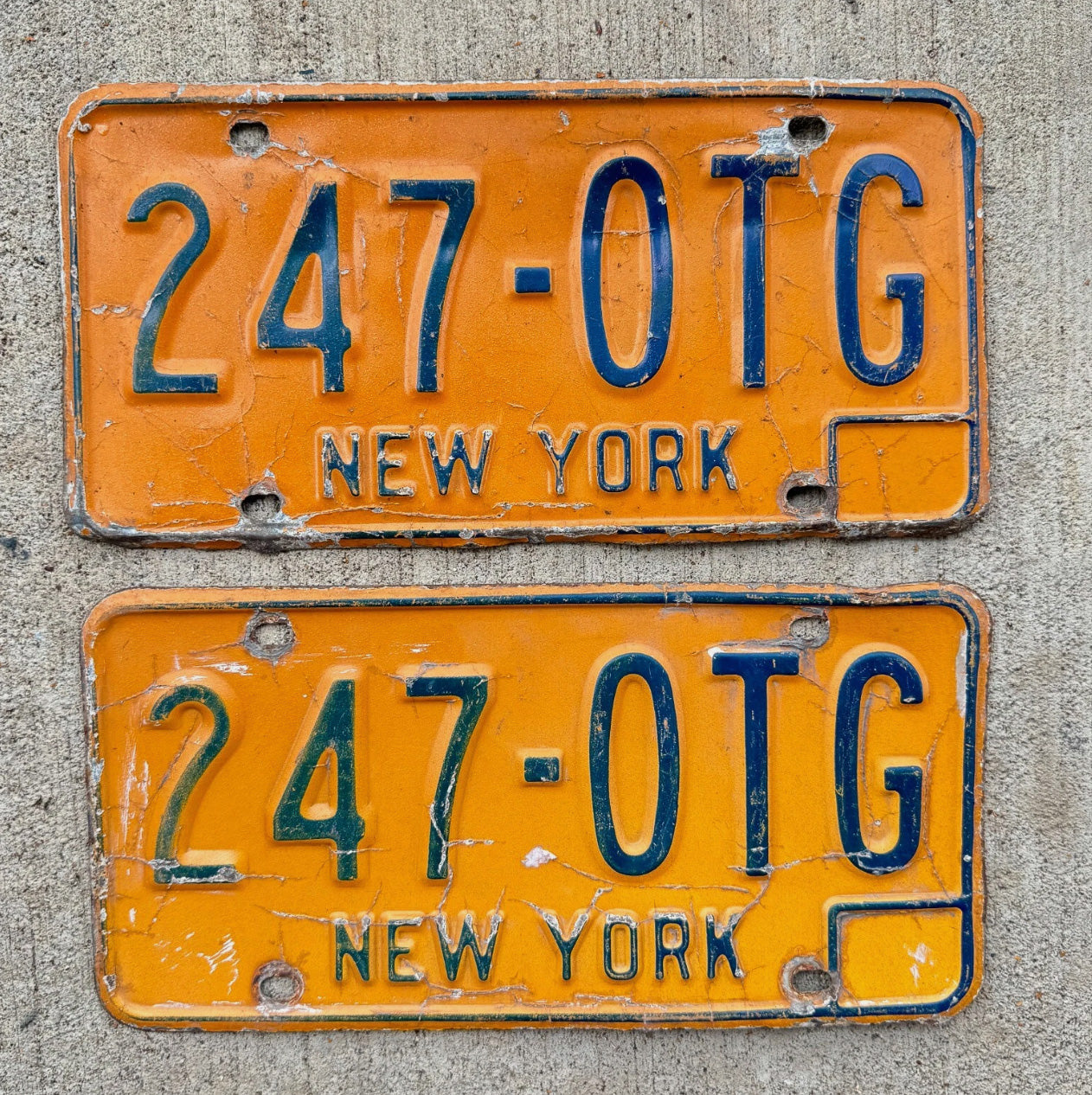 Photo of a 1973 1986 New York License Plate Pair Auto Tag Garage Decor Vintage YOM 247 OTG