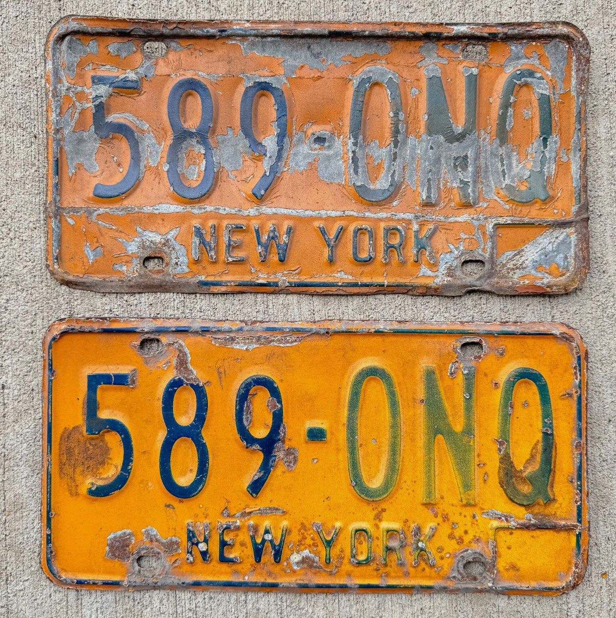 Photo of a 1973 1986 New York License Plate Pair Auto Tag Garage Decor Vintage YOM 589 ONQ