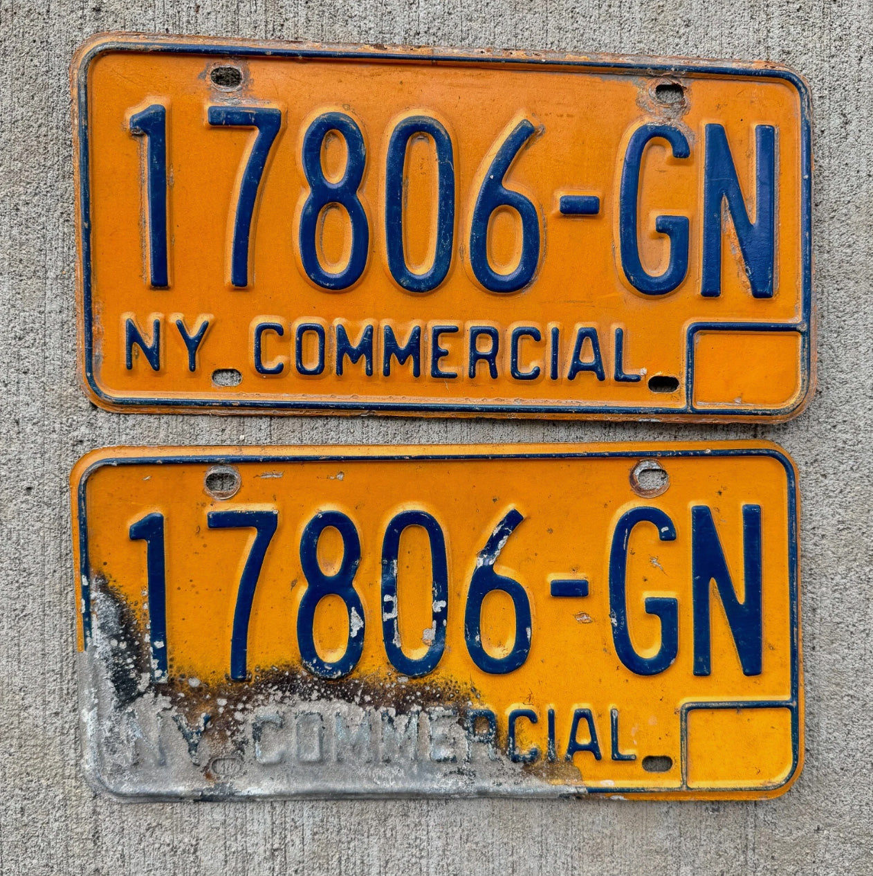 Photo of a 1973 1986 New York Truck License Plate Pair Auto Tag Garage Decor Vintage YOM 17806 GN