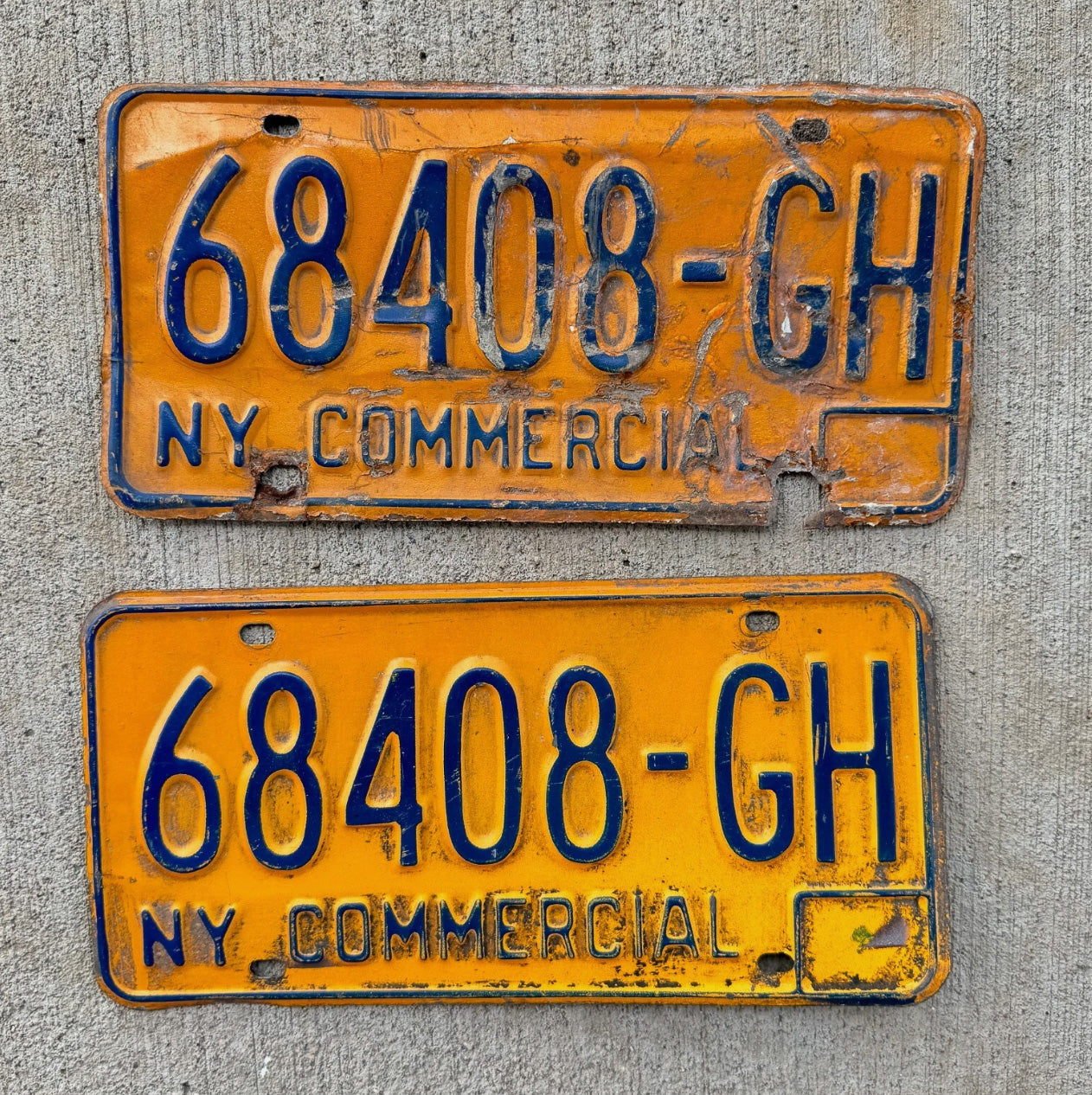 Photo of a 1973 1986 New York Truck License Plate Pair Auto Tag Garage Decor Vintage YOM 68408 GH