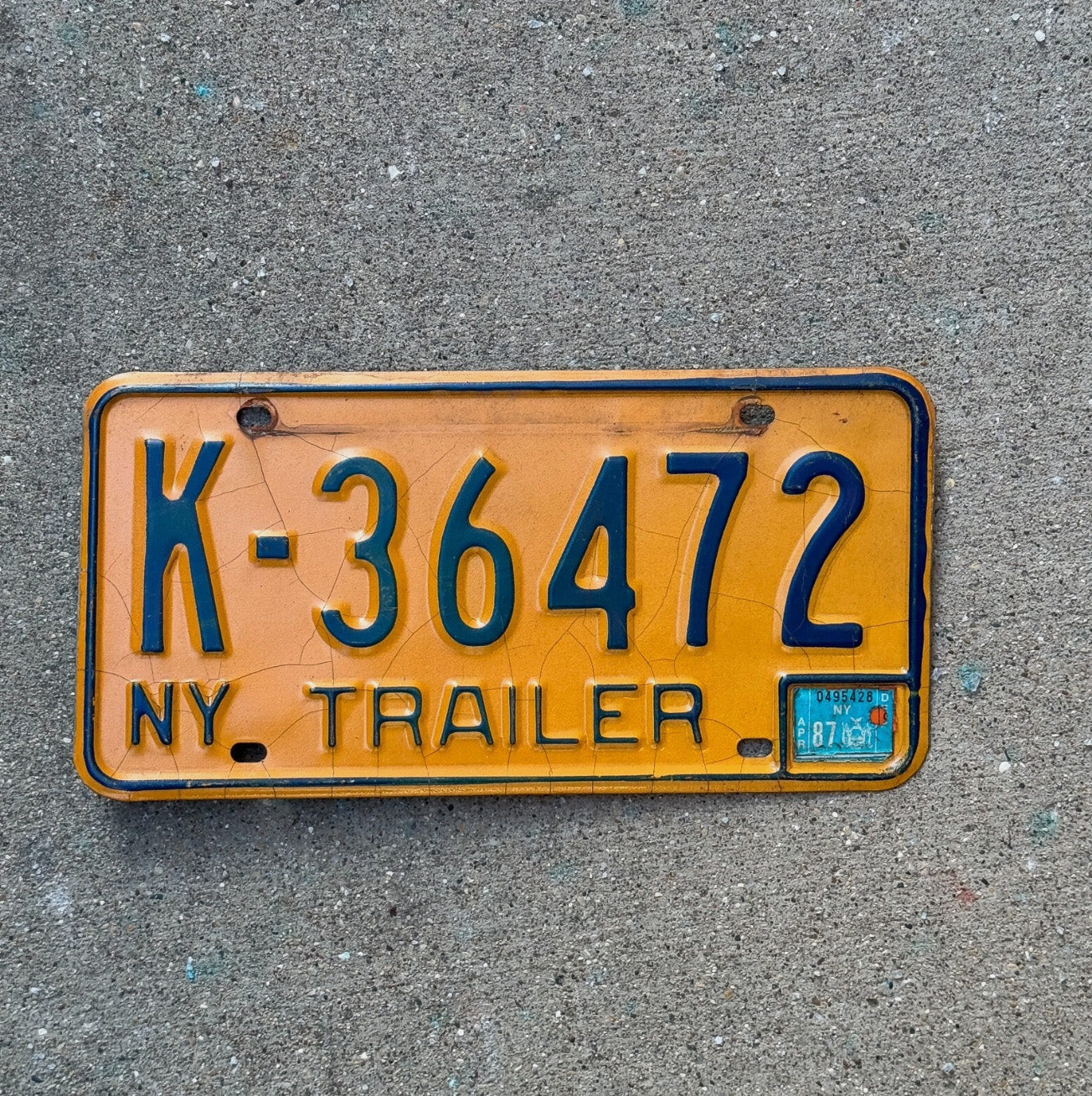 Photo of a 1973 1987 New York Trailer License Plate Auto Tag Garage Decor Vintage K 36472