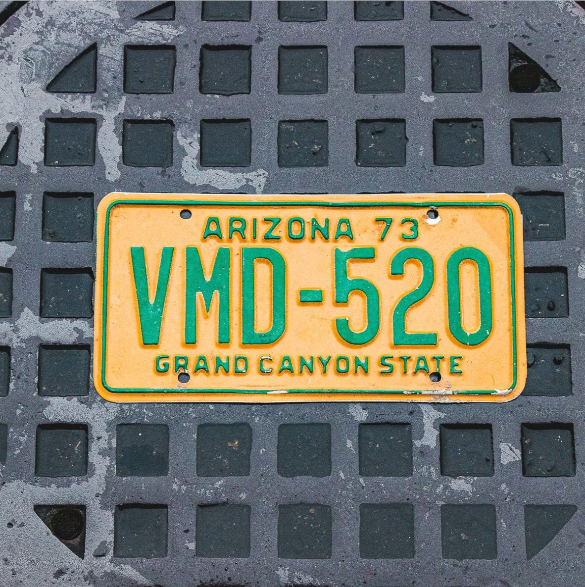 Photo of a 1973 Arizona License Plate Auto Tag Garage Decor Vintage VMD 520 with original patina