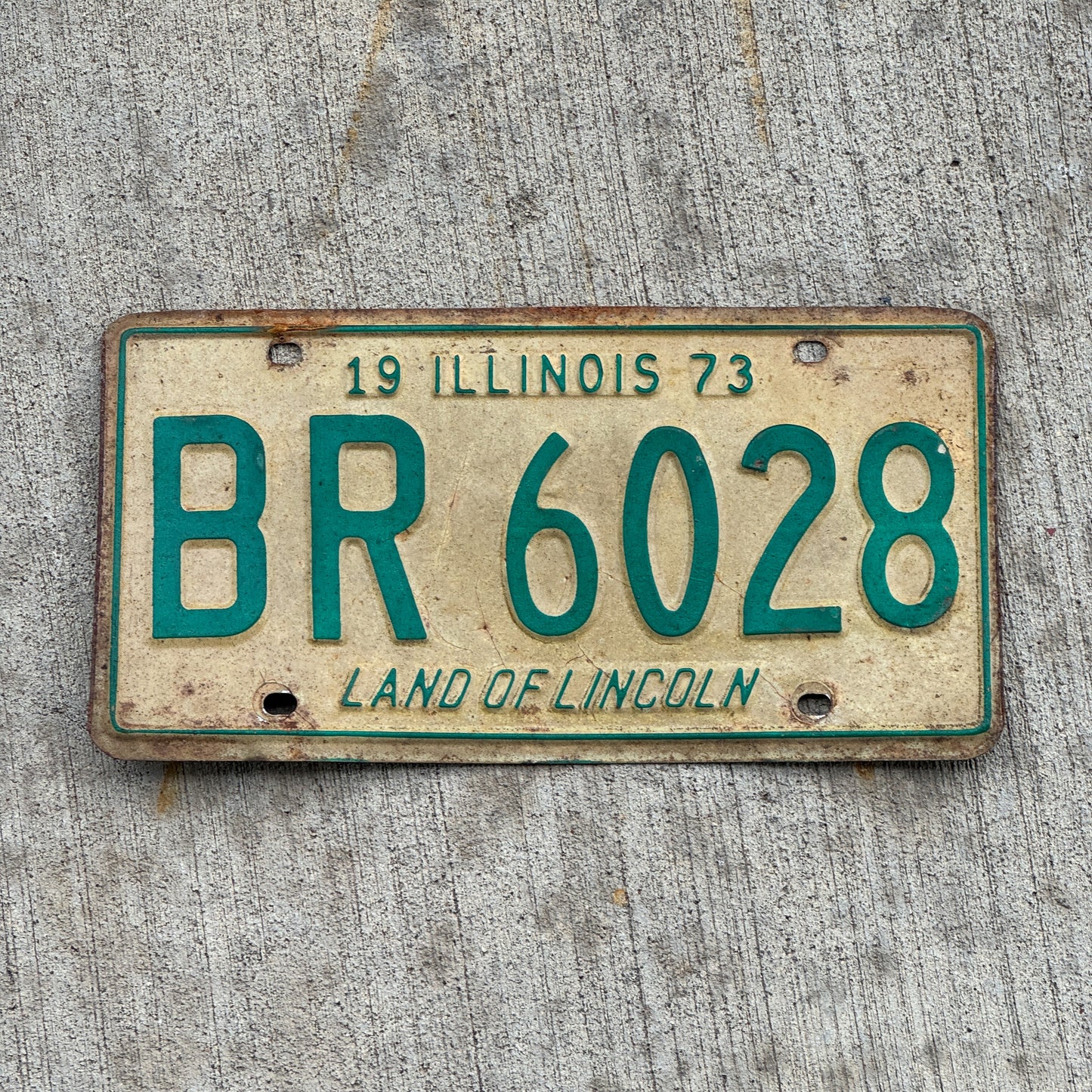 Photo of a 1973 Illinois License Plate Auto Tag 1 Vintage Garage BR 6028 with original patina